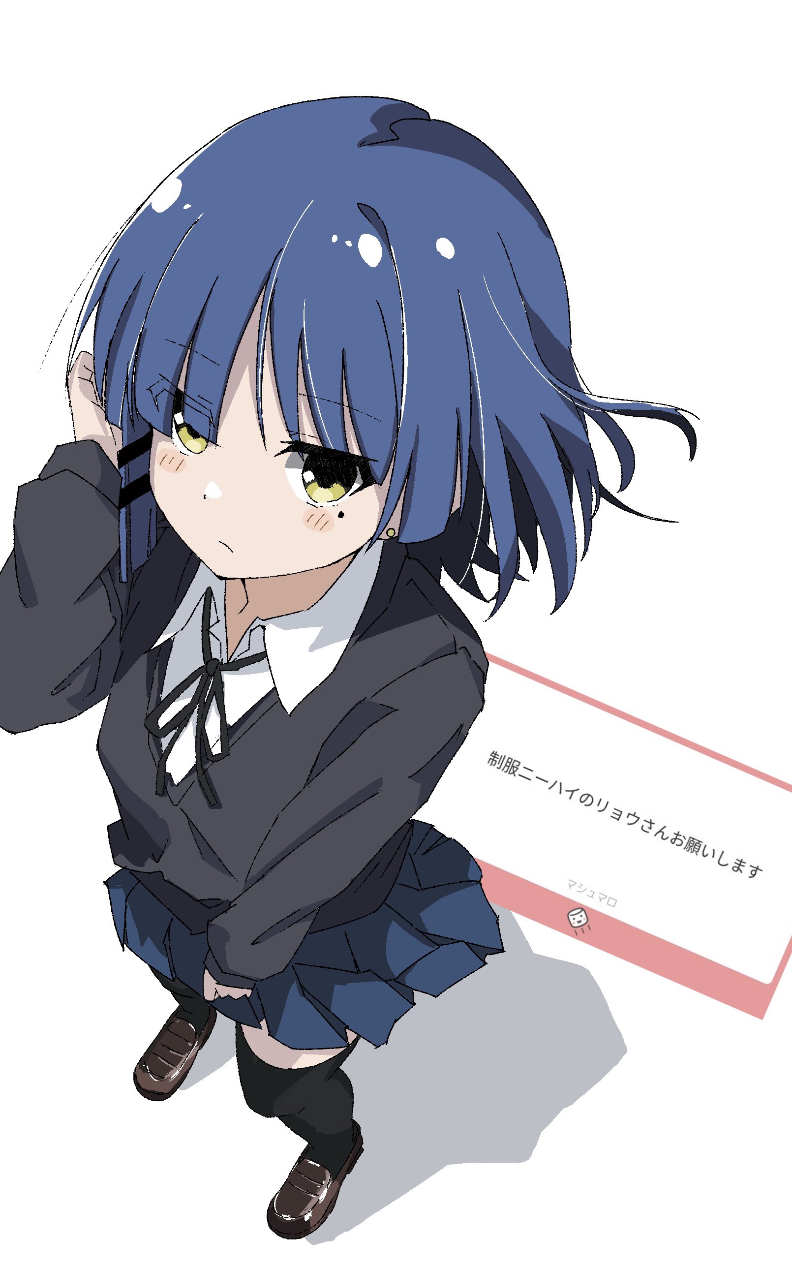 maho ron1, yamada ryo, bocchi the rock!, absurdres, commentary request, highres, translation request, 1girl, blue hair, closed mouth, loafers, looking at viewer, shoes, skirt, solo, thighhighs, yellow eyes