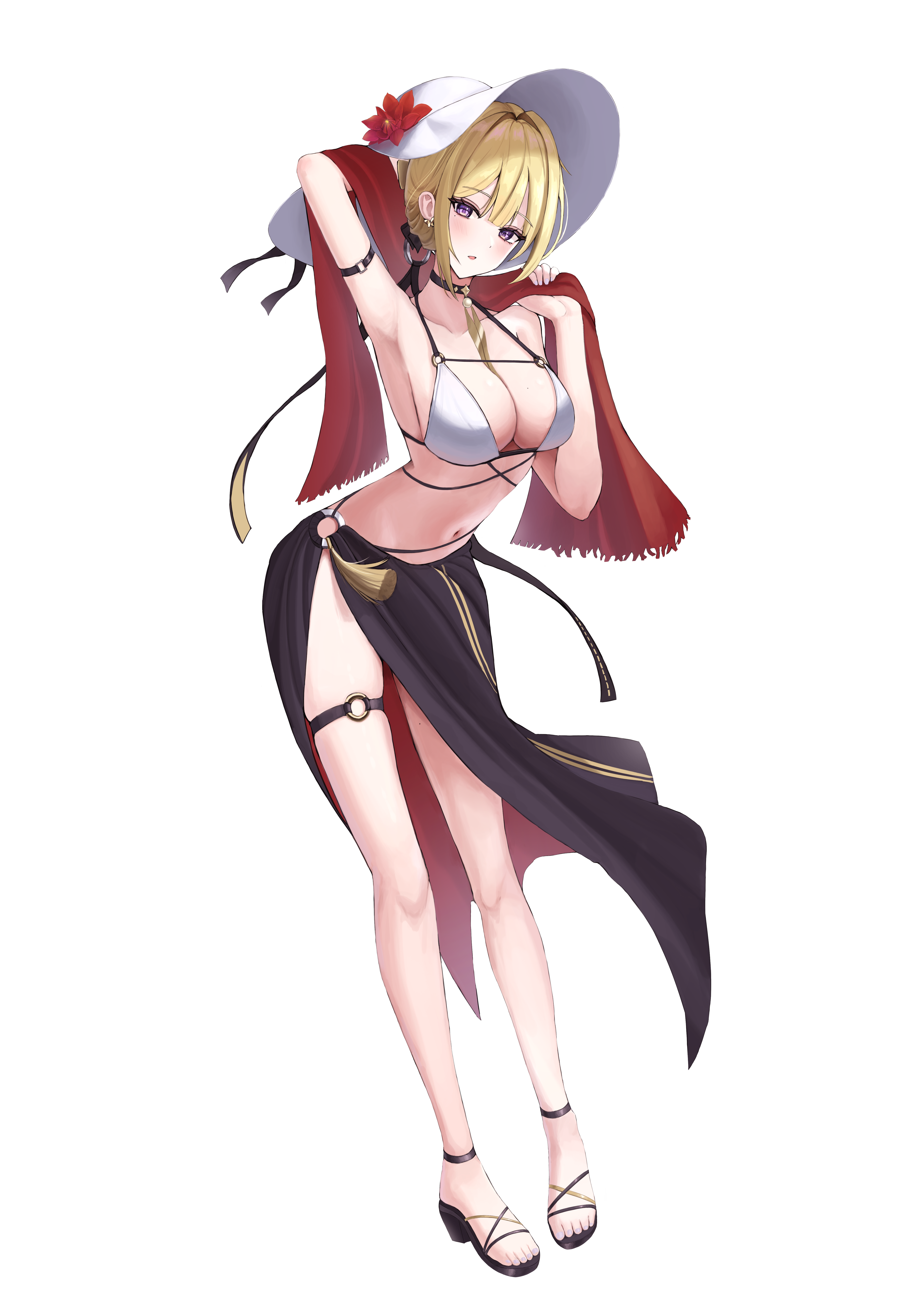 youngtatatak, evelyn chevalier, zenless zone zero, absurdres, hashtag-only commentary, highres, 1girl, alternate costume, arm behind head, arm strap, armpits, bikini, black sandals, blonde hair, breasts, cleavage, flower, full body, hat, hat flower, large breasts, leaning forward, looking at viewer, navel, o-ring, o-ring thigh strap, parted lips, sandals, shirt, solo, standing, stomach, sun hat, swimsuit, thigh strap, white background, white bikini, white hat