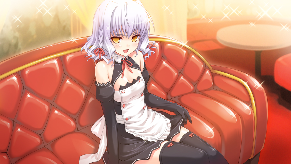 amano yuu, bell zephyr, mian (dream c club), dream c club, dream c club (series), night wizard, silver hair, 1girl, black thighhighs, blush, braid, cosplay, dress, elbow gloves, female focus, gloves, mian (dream c club) (cosplay), ribbon, short hair, solo, thighhighs, voice actor connection, yellow eyes
