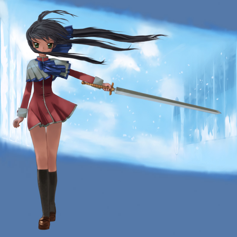 okayu (crosspoint), kawasumi mai, kanon, bad id, bad pixiv id, 1girl, black hair, female focus, green eyes, long hair, red skirt, school uniform, skirt, solo, sword, weapon