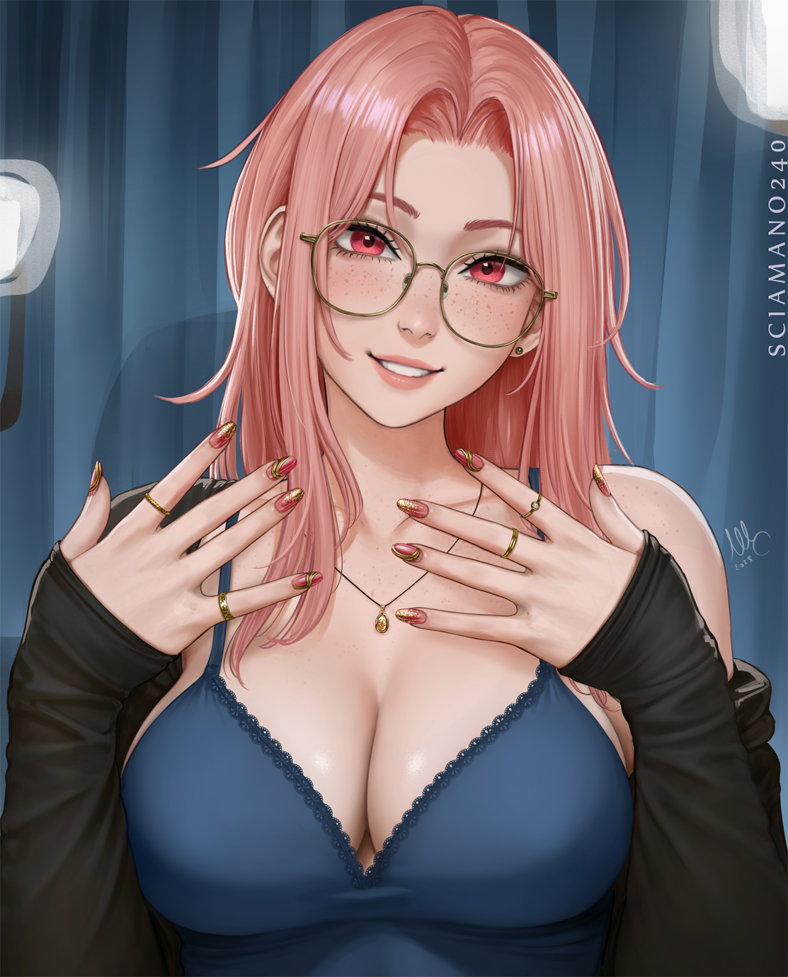 sciamano240, chloe (sciamano240), original, commentary, english commentary, highres, 1girl, artist name, blue camisole, body freckles, breasts, camisole, chest freckles, cleavage, earrings, freckles, glasses, grin, hands up, jewelry, large breasts, long hair, long sleeves, looking at viewer, multiple rings, nail art, nail polish, necklace, off shoulder, open clothes, pendant, pink eyes, pink hair, pink nails, ring, shiny skin, signature, single bare shoulder, sleeves past wrists, smile, solo, stud earrings, upper body, very long fingernails