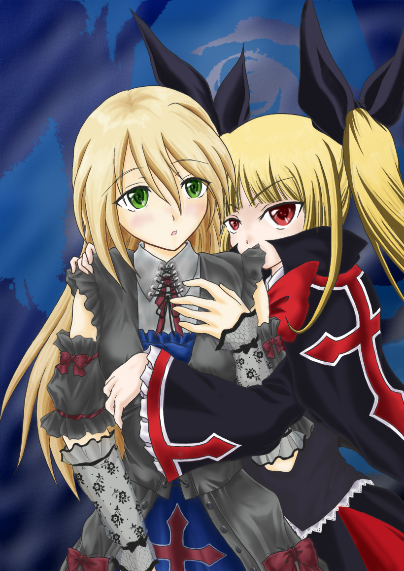fumiduki dankichi, fuzuki dankichi, noel vermillion, rachel alucard, arc system works, blazblue, 2girls, blonde hair, blush, dress, frills, goth fashion, gothic lolita, green eyes, lolita fashion, long hair, multiple girls, red eyes, ribbon, twintails