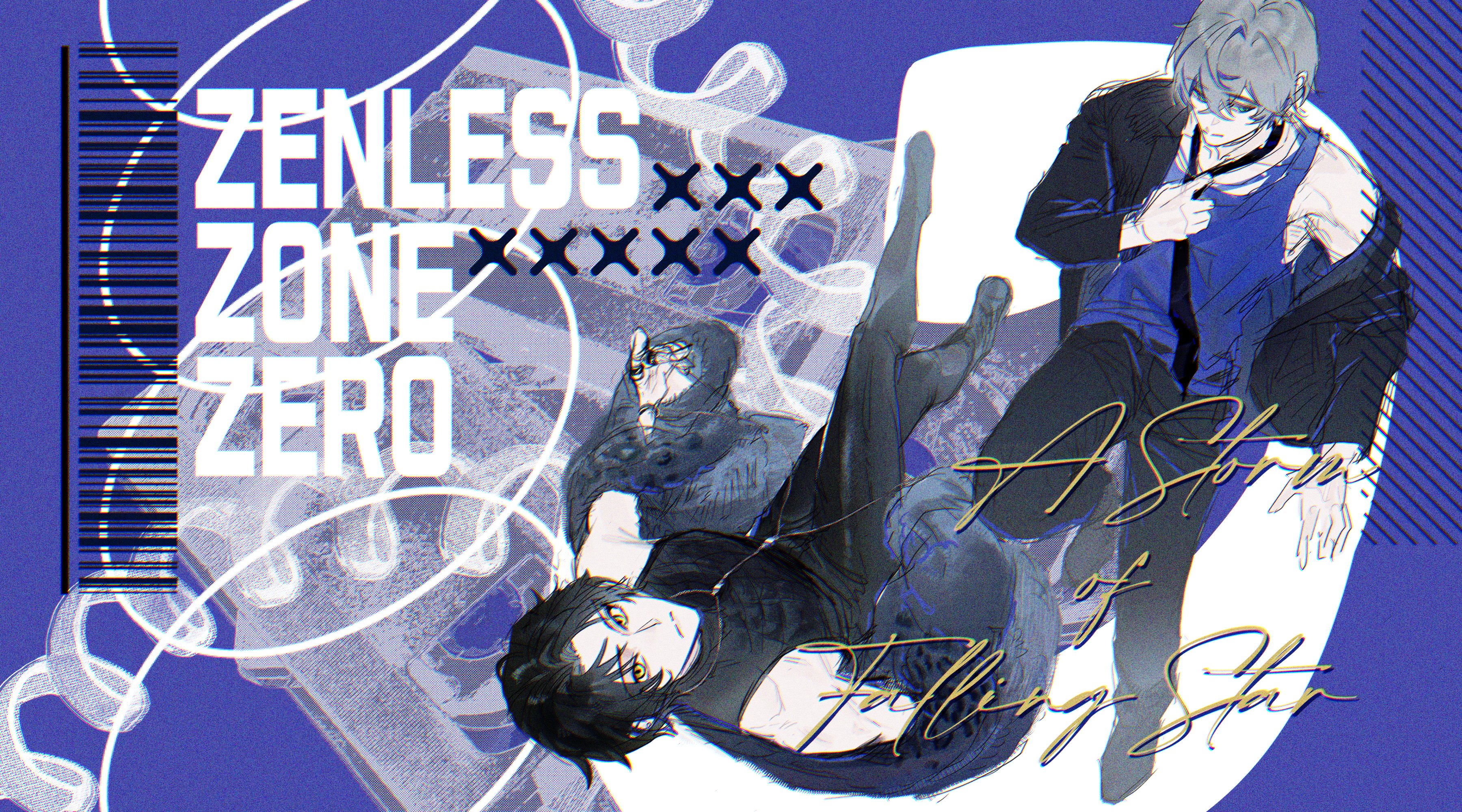 gjpal51357, asaba harumasa, wise (zenless zone zero), zenless zone zero, absurdres, highres, 2boys, barcode, bare shoulders, black coat, black hair, black jacket, black necktie, black pants, black shoes, blue eyes, closed mouth, coat, crossed legs, english text, from below, fur-trimmed coat, fur trim, grey hair, hair between eyes, jacket, jewelry, looking at viewer, looking to the side, male focus, multiple boys, multiple rings, necklace, necktie, open clothes, open coat, pants, parted bangs, phone, purple background, purple tank top, ring, shoes, short hair, sleeveless, sleeveless turtleneck, tank top, turtleneck, wire, yellow eyes