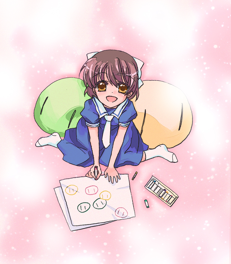 yuzuki kisa, okazaki ushio, clannad, dango daikazoku, bad id, bad pixiv id, 00s, brown eyes, brown hair, crayon, dango, dress, food, sailor, sailor dress, school uniform, short hair, solo, wagashi