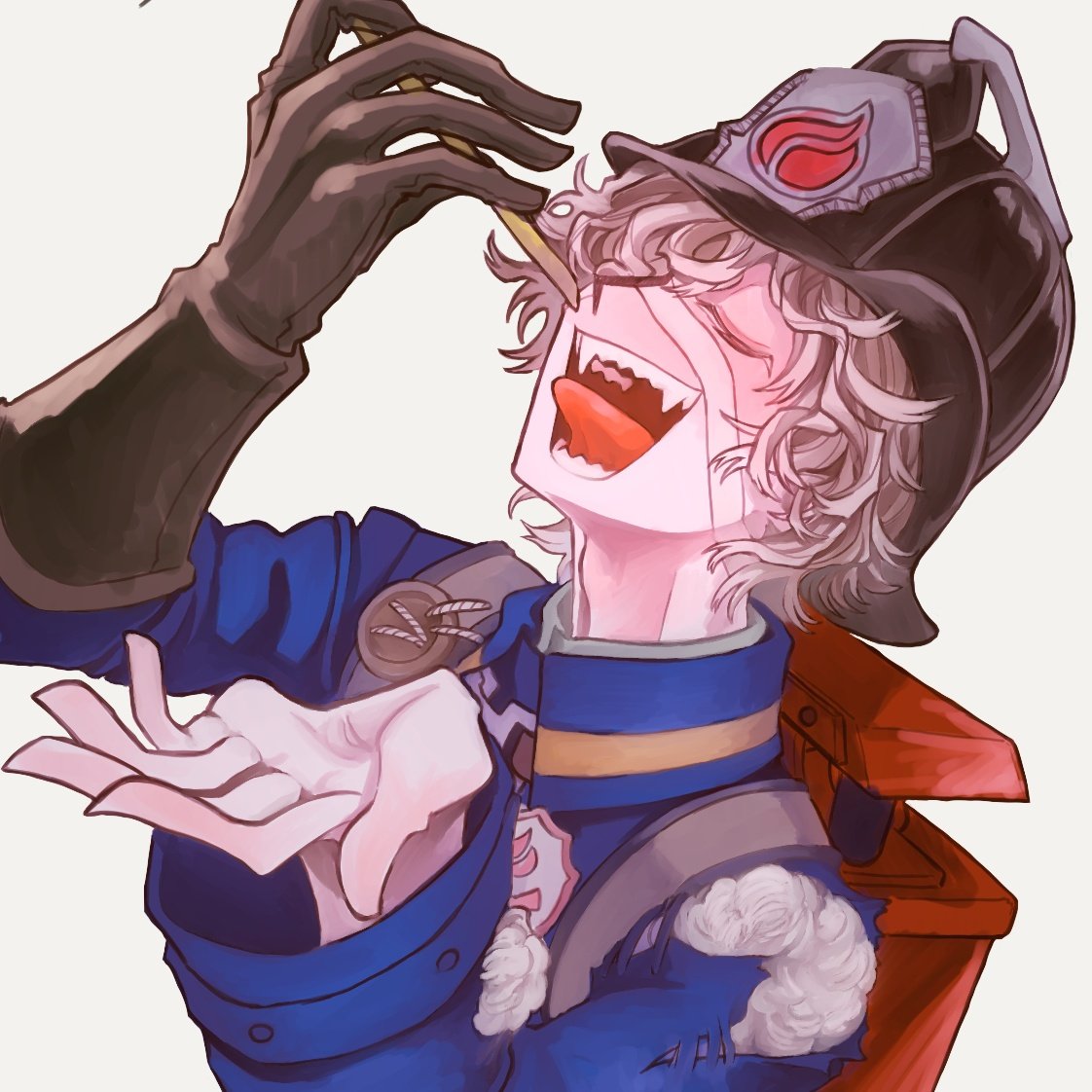 florian brand, identity v, 1boy, black gloves, blonde hair, blue jacket, closed eyes, curly hair, fangs, firefighter, firefighter helmet, gloves, grin, hkmsny, imminent bite, jacket, male focus, sharp teeth, single glove, smile, stuffing, teeth, tongue, tongue out