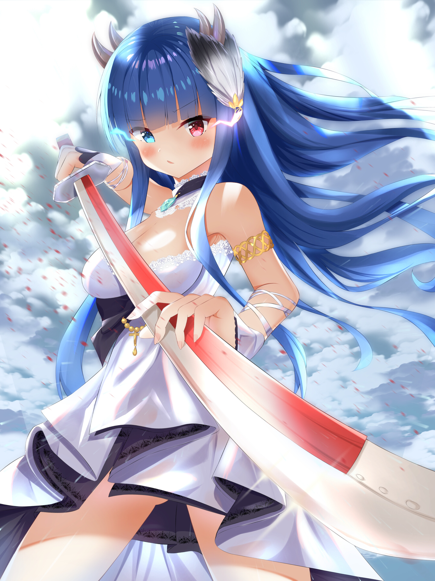 firin, ibuki (azur lane), ibuki (snow on the wind) (azur lane), azur lane, commentary request, highres, 1girl, black dress, blue eyes, blue gemstone, blue hair, breasts, choker, cleavage, cloud, cloudy sky, cowboy shot, detached collar, dress, feather hair ornament, feathers, gem, hair ornament, heterochromia, holding, holding sword, holding weapon, horns, lace, lace choker, large breasts, looking at viewer, multiple horns, official alternate costume, outdoors, red eyes, sky, sleeveless, sleeveless dress, solo, strapless, strapless dress, sword, two-tone dress, weapon, white dress, wrist wrap