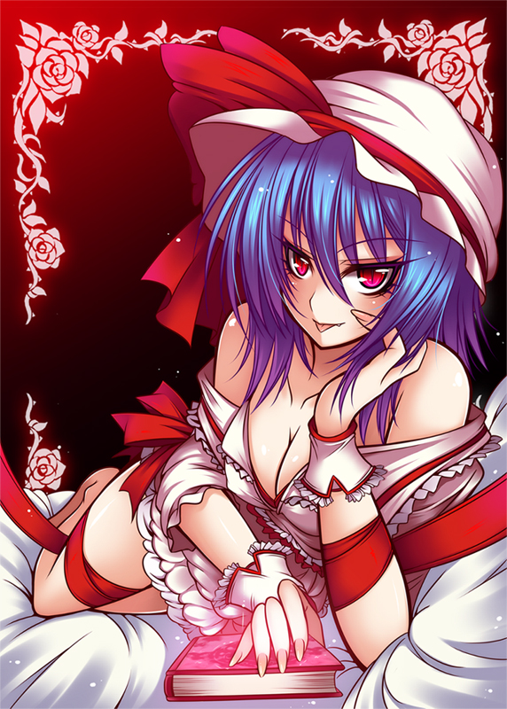 suzuneko (yume no kyoukai), remilia scarlet, touhou, bad id, bad pixiv id, 1girl, :p, aged up, alternate breast size (larger), bare shoulders, bed, blue hair, book, breasts, cleavage, fangs, female focus, hat, red eyes, ribbon, solo, tongue, tongue out