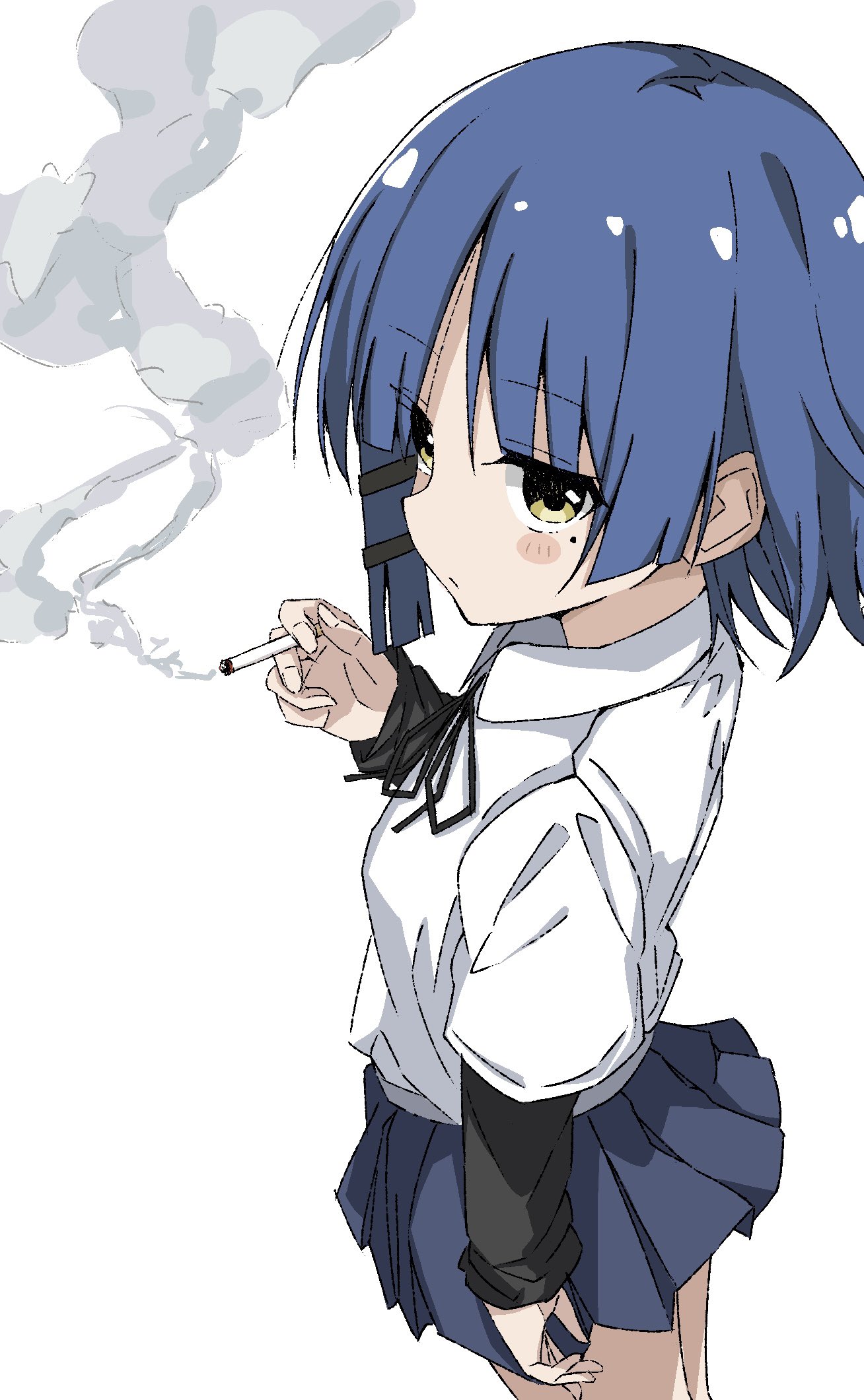 maho ron1, yamada ryo, bocchi the rock!, commentary request, highres, 1girl, blue hair, cigarette, clothes lift, holding, holding cigarette, looking at viewer, short hair, skirt, smoke, smoke trail, solo, yellow eyes