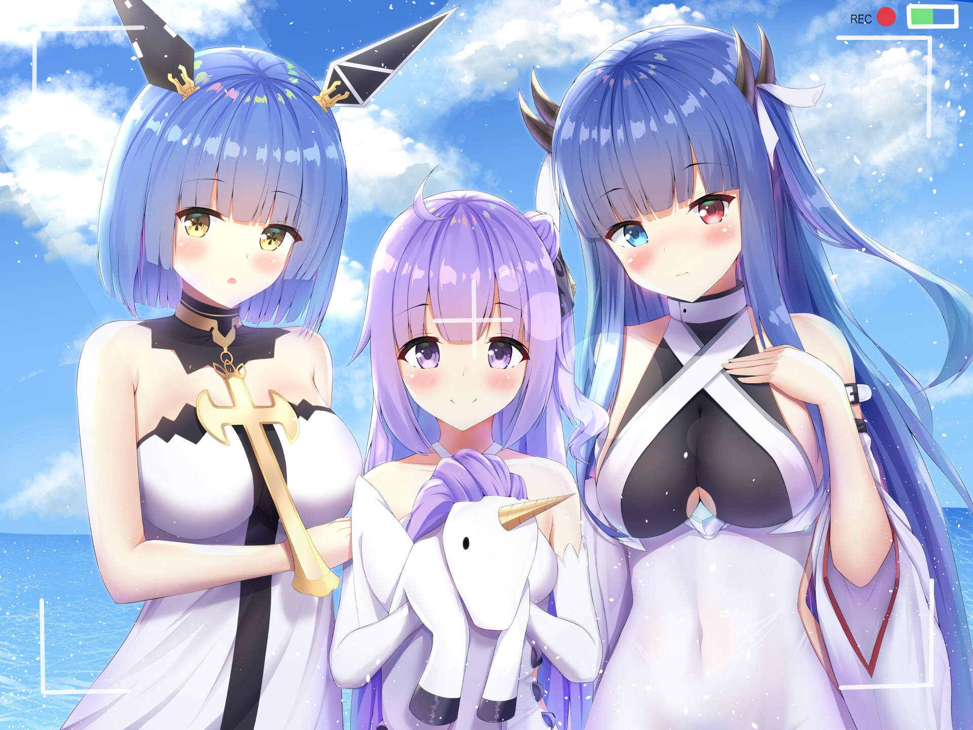 firin, gascogne (azur lane), ibuki (azur lane), unicorn (azur lane), azur lane, commentary request, highres, + +, 3girls, bare shoulders, blue eyes, blue hair, blue sky, breasts, clothing cutout, cloud, cloudy sky, collarbone, cross, cross necklace, day, detached sleeves, dress, headgear, heterochromia, holding, holding stuffed toy, horns, jewelry, long hair, looking at viewer, mechanical ears, medium breasts, multiple girls, multiple horns, necklace, outdoors, purple eyes, purple hair, range finder, recording, red eyes, short hair, sky, sleeveless, sleeveless dress, strapless, strapless dress, stuffed toy, underboob, underboob cutout, unicorn, very long hair, white dress, yellow eyes