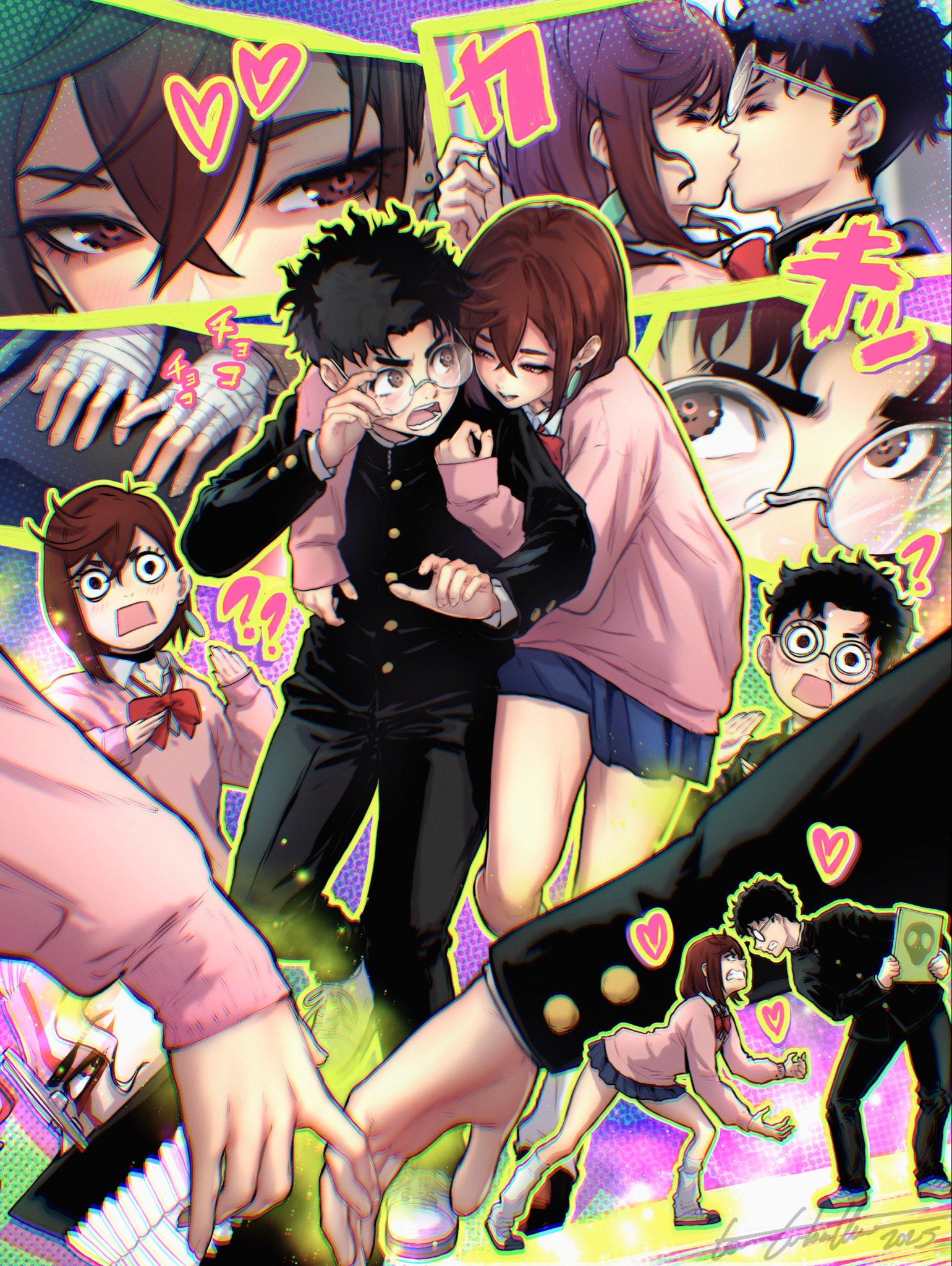 ayase momo, takakura ken (dandadan), takakura ken (transformed) (dandadan), dandadan, commentary, english commentary, highres, 1boy, 1girl, ?, ??, adjusting eyewear, angry, bandaged hand, bandages, bent over, black hair, black jacket, black pants, blue skirt, blush, bob cut, book, border, bow, bowtie, brown eyes, brown hair, collared shirt, couple, crossed bangs, curled fingers, dress shirt, earrings, face-to-face, fighting, from side, gakuran, glasses, halftone, halftone background, heart, holding, holding book, holding hands, hug, hug from behind, jacket, jewelry, kiss, kneehighs, leaning forward, long sleeves, loose socks, medium hair, messy hair, multiple views, outline, pants, pendant earring, pink sweater, pleated skirt, rectangular mouth, red bow, red bowtie, rimless eyewear, round eyewear, school uniform, screentones, shirt, shoes, shouting, side-by-side, skirt, sleeves past wrists, sneakers, socks, surprised, sweater, teeth print mask, thick eyebrows, toni caballero, uwabaki, v-shaped eyebrows, wavy hair, white hair, white shirt, white shoes, white socks, yellow border, yellow outline