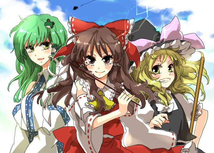 popoin, hakurei reimu, kirisame marisa, kochiya sanae, touhou, undefined fantastic object, bad id, bad pixiv id, 3girls, blonde hair, brown eyes, brown hair, female focus, green eyes, green hair, multiple girls, ufo