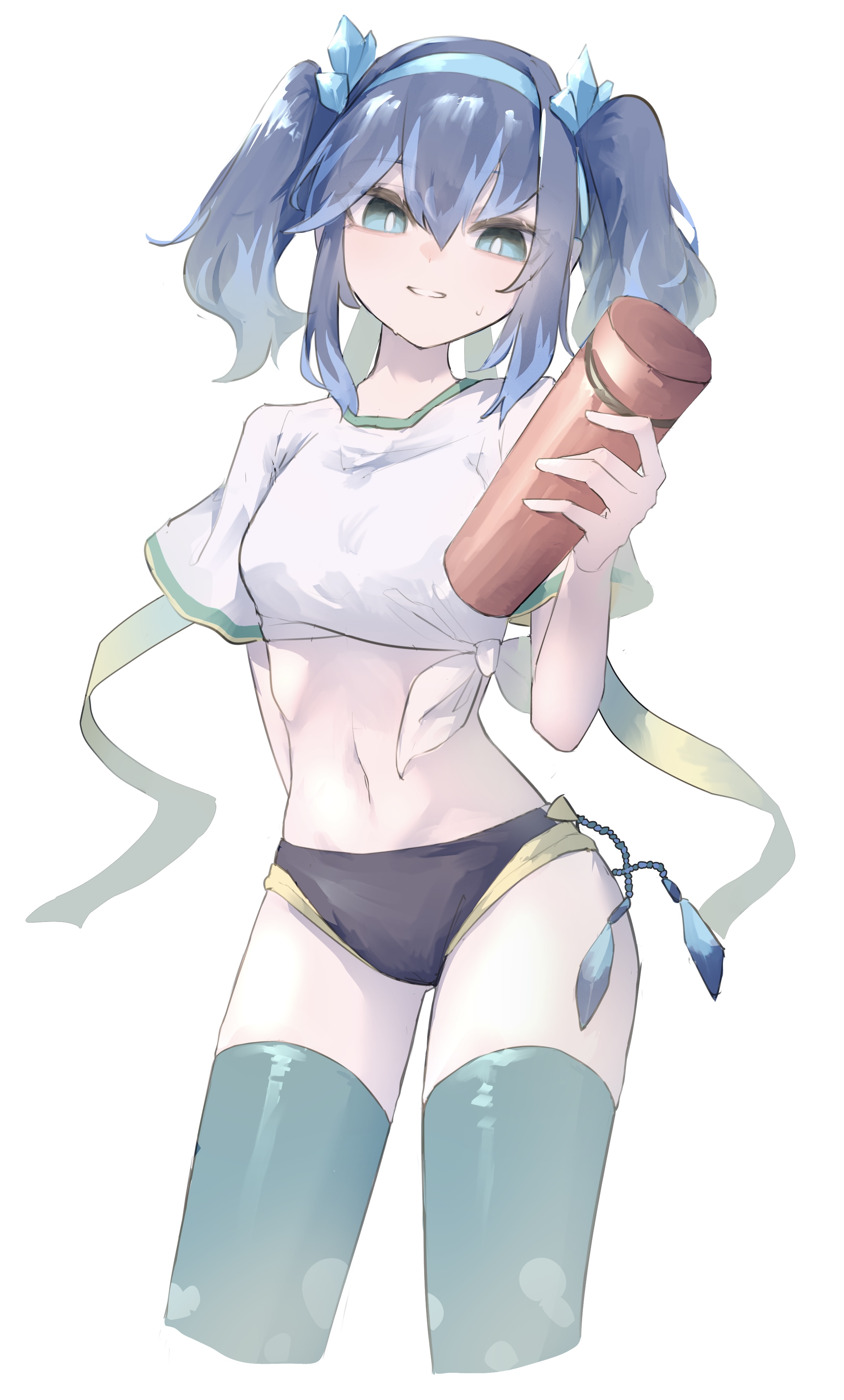 sasa fune, fubukihime, youkai watch, absurdres, commentary, highres, blue eyes, blue hair, bottle, breasts, buruma, gym uniform, hair ornament, hair ribbon, headband, holding, looking at viewer, multicolored hair, navel, ribbon, sidelocks, simple background, small breasts, sweat, thighhighs, twintails, two-tone hair, water bottle
