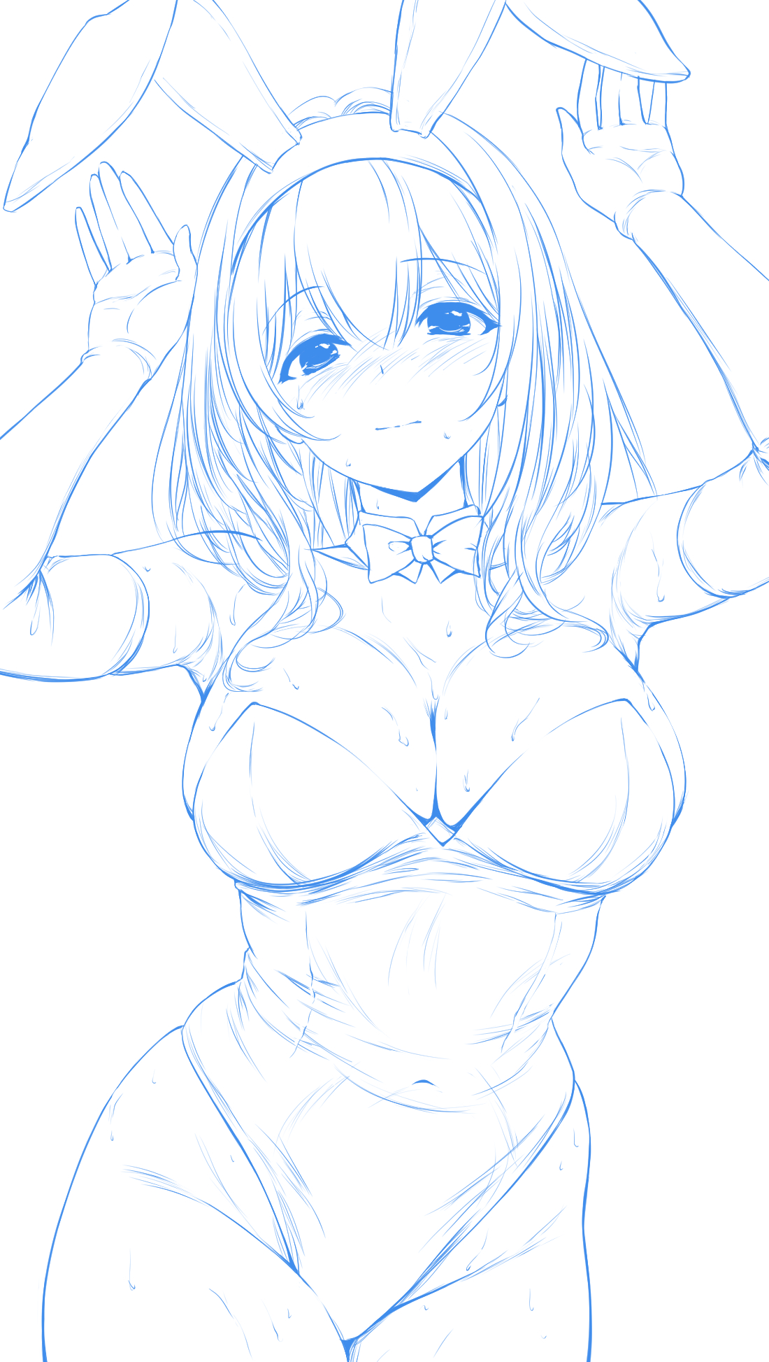 igarashi kei, sagisawa fumika, idolmaster, idolmaster cinderella girls, idolmaster cinderella girls starlight stage, highres, 1girl, animal ear hairband, animal ears, bare shoulders, blue theme, blush, bow, bowtie, breasts, cleavage, closed mouth, covered navel, cowboy shot, detached collar, elbow gloves, fake animal ears, gloves, hair between eyes, hairband, hands up, large breasts, leotard, long hair, looking at viewer, playboy bunny, rabbit ear hairband, rabbit ears, rabbit pose, shy, strapless, strapless leotard, sweat