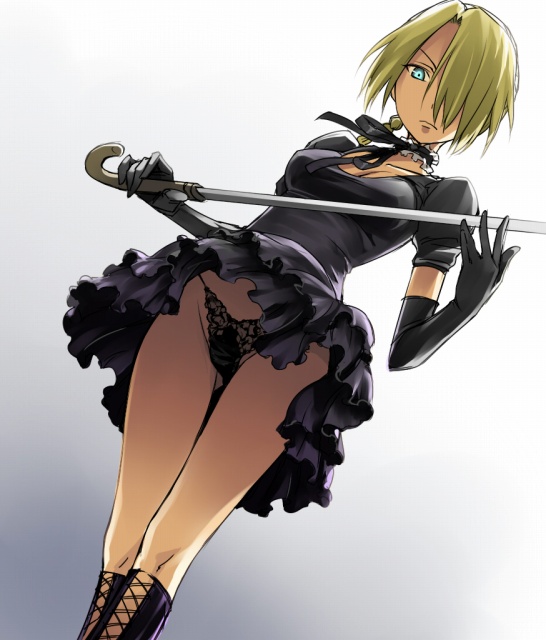 mosha, hilda (beelzebub), beelzebub (manga), 1girl, black panties, blonde hair, concealed weapon, demon, elbow gloves, female focus, from below, gloves, goth fashion, gothic lolita, gradient background, groin, hair over one eye, holding, holding sword, holding weapon, lace, legs together, lingerie, lolita fashion, panties, pantyshot, solo, sword, sword cane, thong, underwear, upskirt, weapon, white background