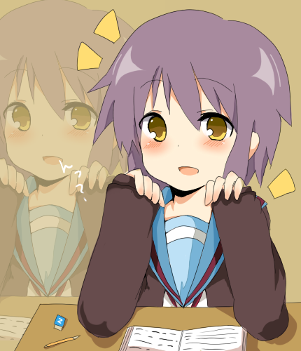 mono (recall), nagato yuki, suzumiya haruhi no yuuutsu, silver hair, bad id, bad pixiv id, lowres, 00s, 1girl, ^^^, cardigan, female focus, glasses, long sleeves, no eyewear, school uniform, serafuku, short hair, sleeves past wrists, smile, solo, unworn eyewear, yellow eyes, zoom layer
