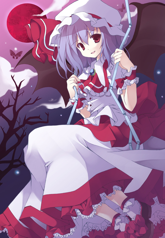kiseki, mizuse kiseki, remilia scarlet, touhou, bad id, bad pixiv id, 1girl, female focus, hat, on swing, outdoors, plant, red eyes, sitting, sky, solo, swing, tree, wings