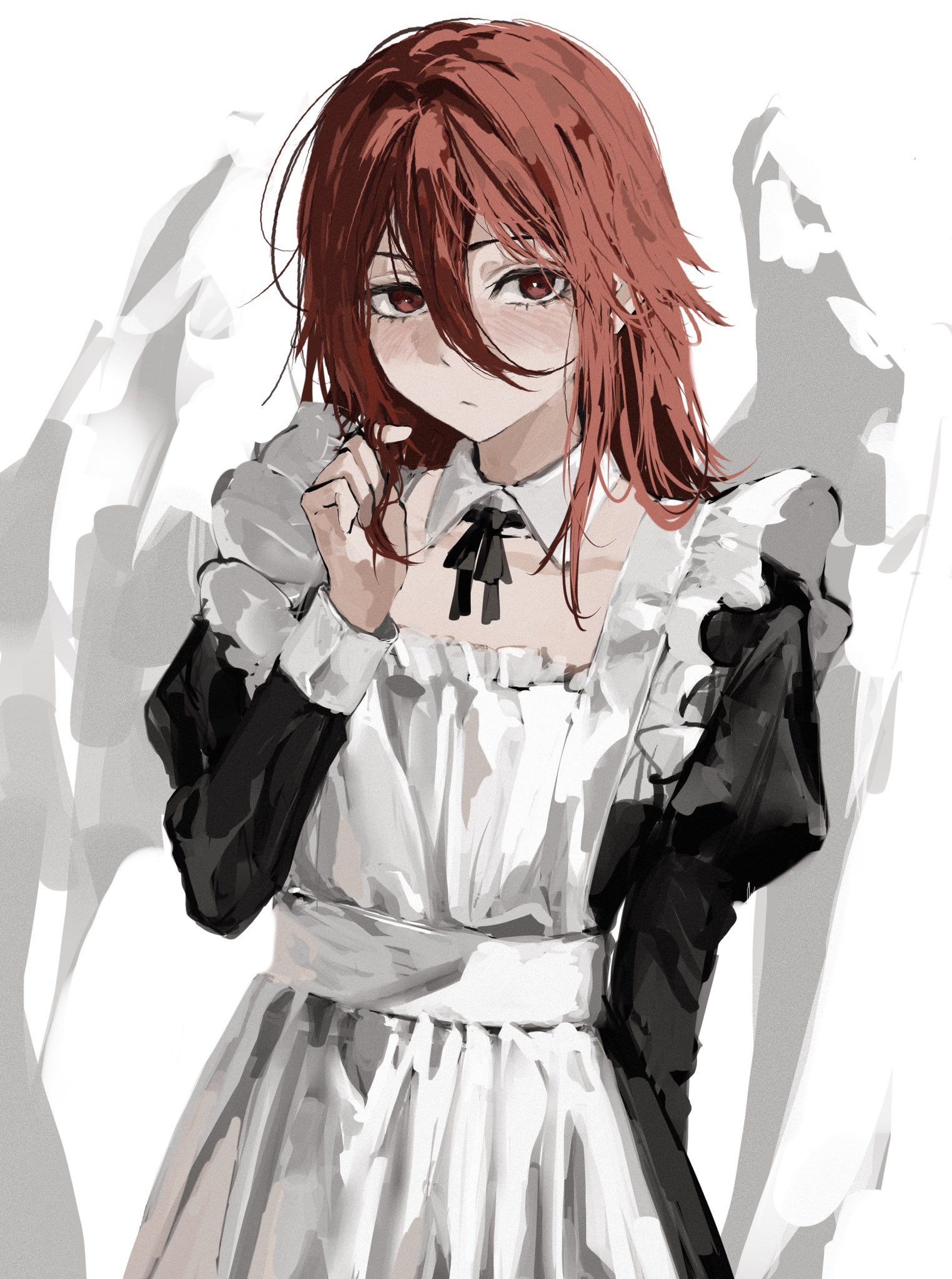 raberu ruru, angel devil (chainsaw man), chainsaw man, commentary request, highres, 1boy, apron, blush, closed mouth, crossdressing, crossdressing (mtf), frilled apron, frills, looking at viewer, maid, maid apron, male focus, male maid, no halo, red eyes, red hair, simple background, solo, white apron, white background, wings