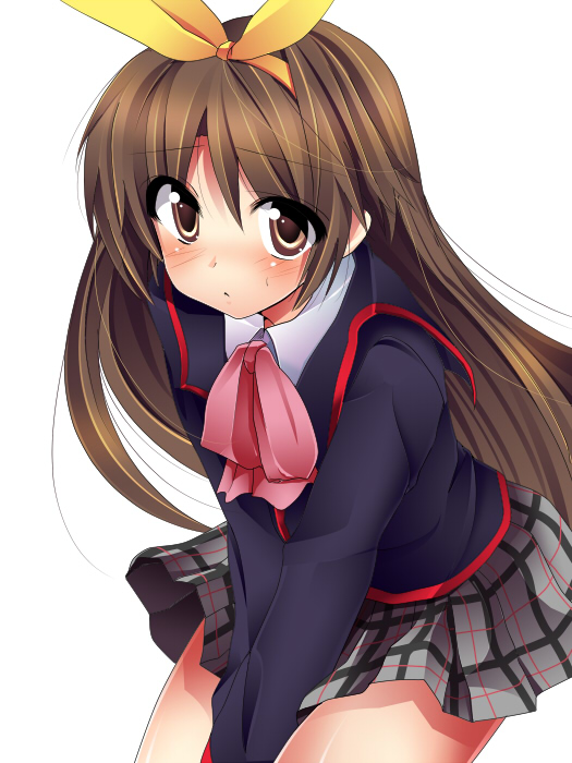 masayu, naoe riki, little busters!, bad id, bad pixiv id, 1boy, blush, bow, crossdressing, crossdressing (mtf), hairband, looking at viewer, male focus, pink bow, plaid clothes, plaid skirt, school uniform, skirt, solo, trap