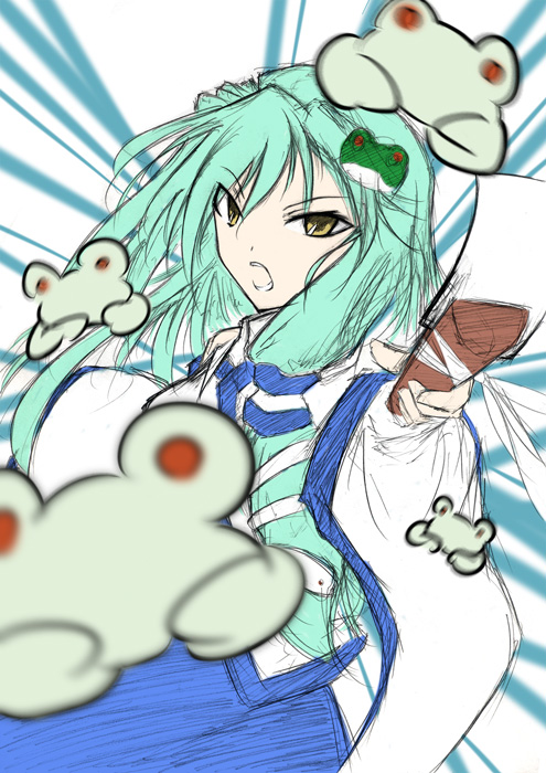nagatsukiraiha, kochiya sanae, touhou, bad id, bad pixiv id, 1girl, danmaku, female focus, frog, green hair, japanese clothes, miko, snake, solo, yellow eyes