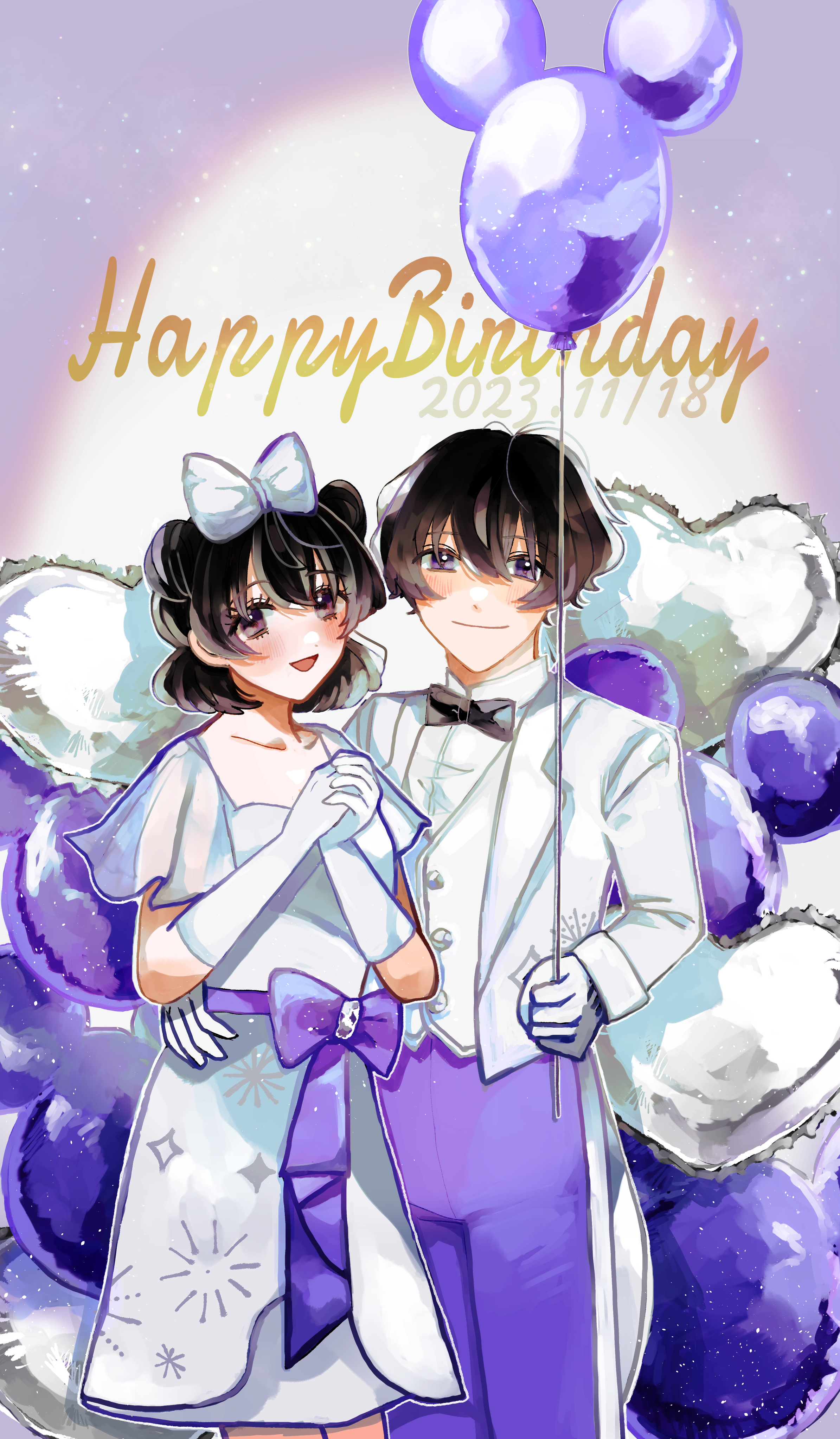 47music2, mickey mouse, minnie mouse, mickey mouse & friends, absurdres, highres, 1boy, 1girl, 2023, animal ears, balloon, black hair, bow, gloves, hair bow, humanization, looking at viewer, open mouth, personification, shirt, short hair, smile, white gloves