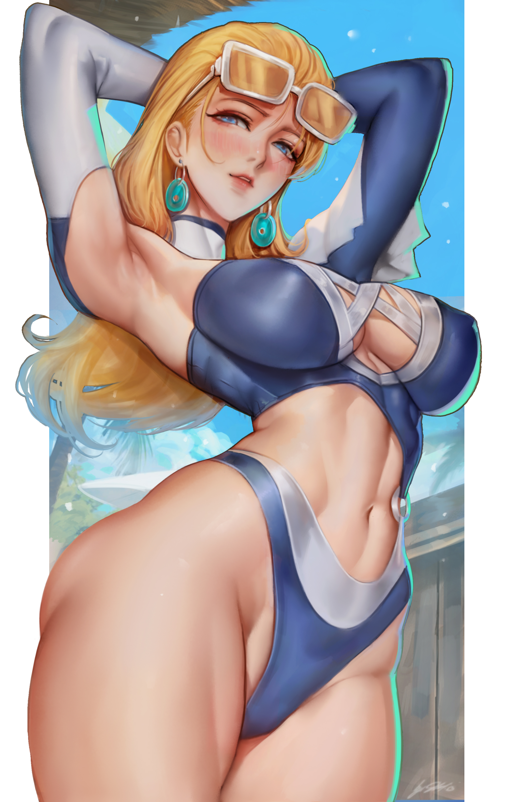 sherylnome, sue storm, sue storm (azure shade), fantastic four, marvel, marvel rivals, absurdres, commentary, english commentary, highres, 1girl, abs, alternate breast size (larger), armpits, arms behind head, blonde hair, blue eyes, blush, breasts, eyewear on head, large breasts, long hair, looking at viewer, navel, official alternate costume, signature, solo, sunglasses, swimsuit
