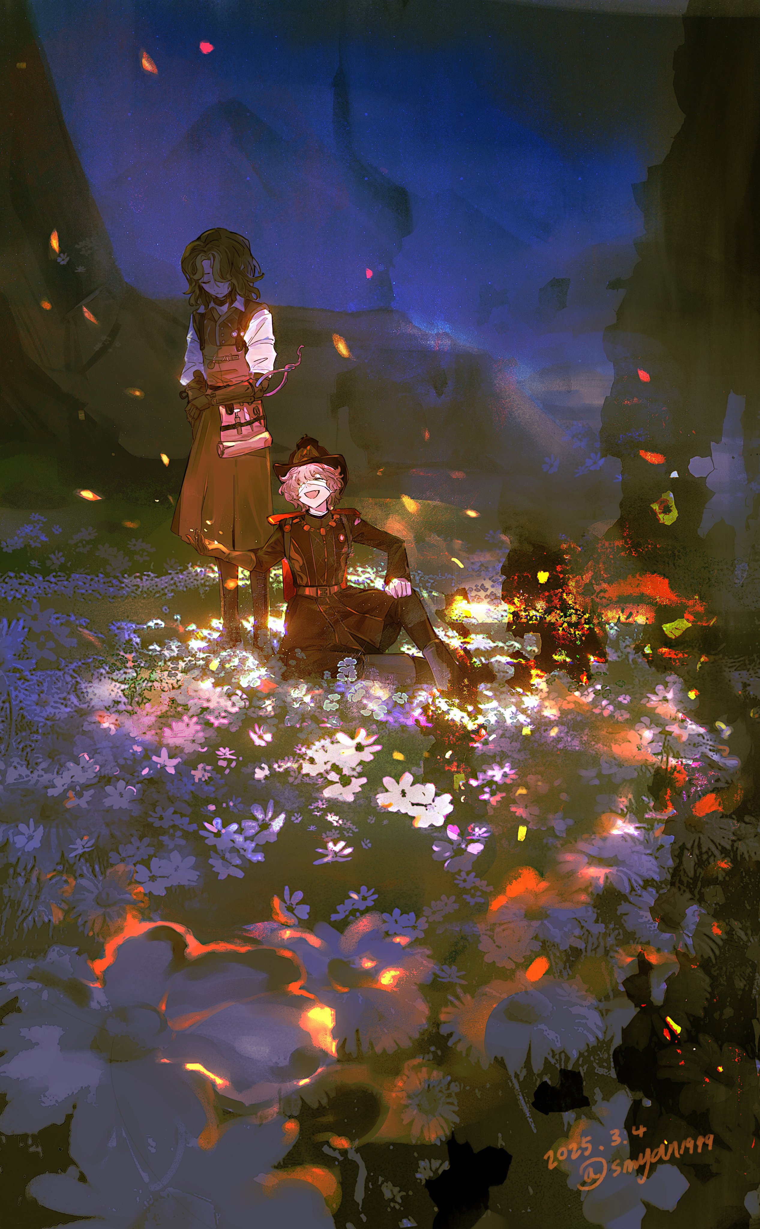 smyan, florian brand, matthias czernin, matthias czernin (lignarius), identity v, absurdres, highres, 2boys, apron, bandage over one eye, blonde hair, boots, brown apron, brown boots, brown hair, brown jacket, closed eyes, dated, face in shadow, fang, field, fire, florian brand (unlit manuscript), flower, flower field, grin, hand on own knee, jacket, male focus, mechanical arms, medium hair, multiple boys, outstretched hand, scenery, shirt, sitting, smile, twitter username, wavy hair, white shirt, wooden limbs