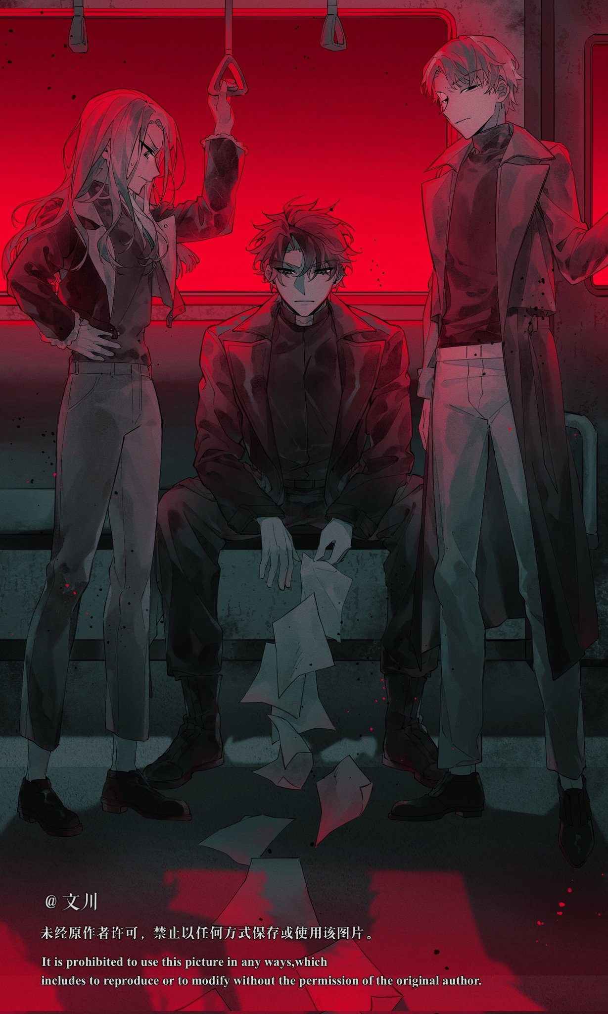 yoo joonghyuk, omniscient reader's viewpoint, highres, 1girl, 2boys, anna croft, black coat, black eyes, black hair, black shirt, cheon inho, coat, crew neck, falling paper, full body, grey hair, hand on own hip, hand up, long hair, looking at viewer, multiple boys, narrowed eyes, nicayuko, open clothes, open coat, popped collar, red light, shirt, short hair, sitting, standing, train interior