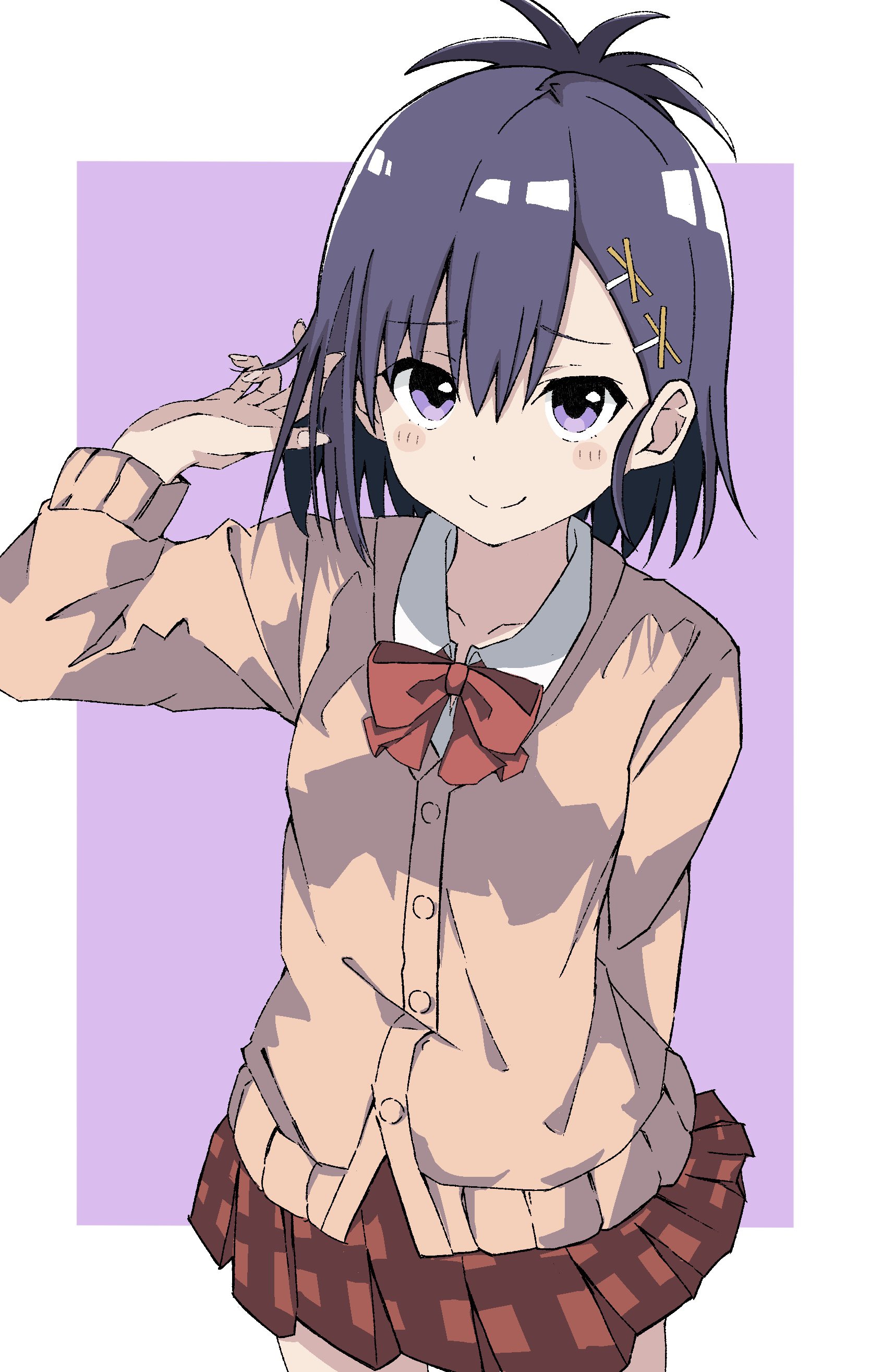 maho ron1, vignette tsukinose april, gabriel dropout, absurdres, commentary request, highres, 1girl, blush, closed mouth, playing with own hair, purple eyes, purple hair, ribbon, short hair, skirt, smile, solo