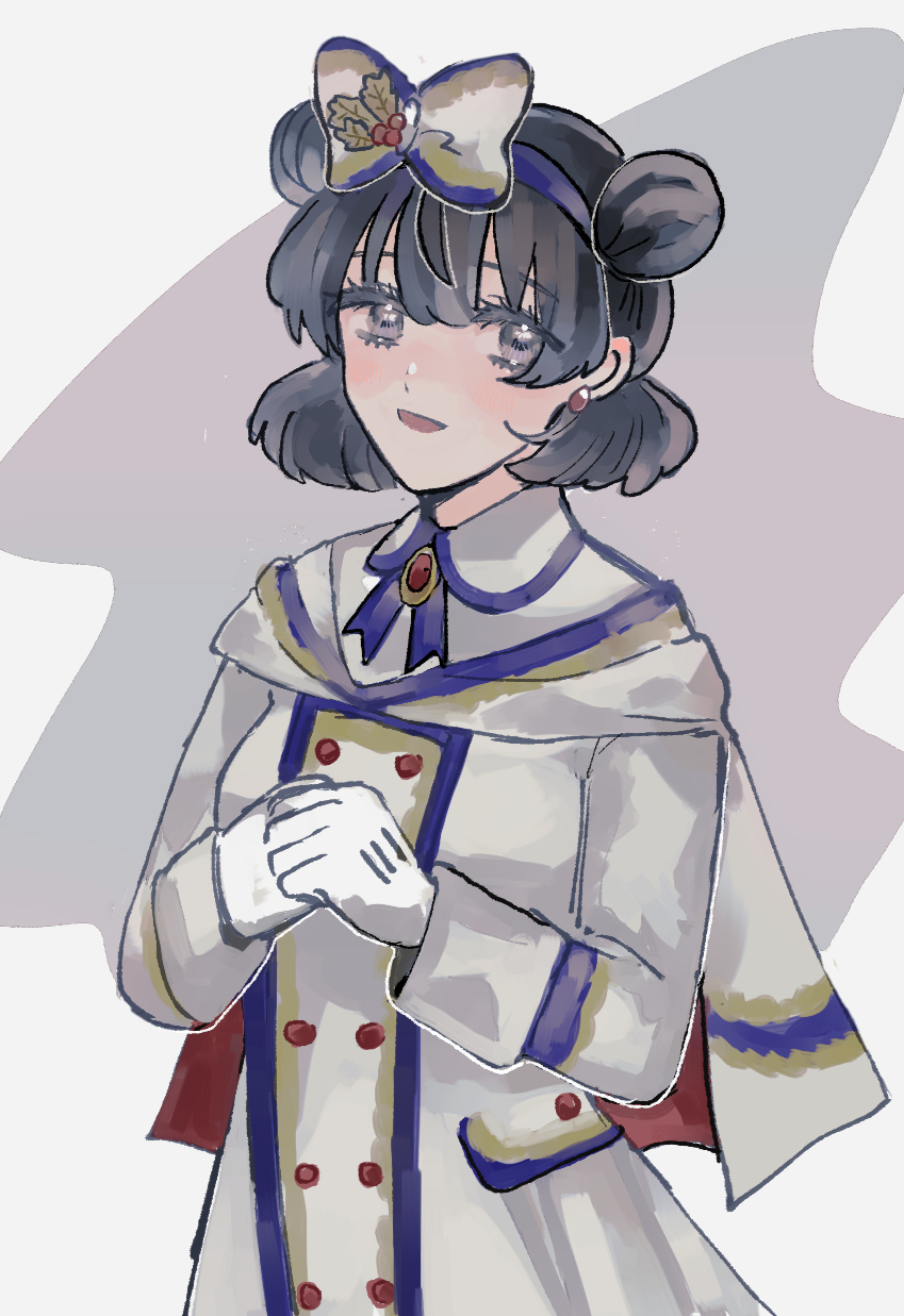 47music2, minnie mouse, mickey mouse & friends, highres, 1girl, black hair, bow, double bun, dress, gloves, hair bow, hair bun, headband, humanization, jewelry, looking at viewer, open mouth, personification, short hair, smile, solo, white gloves