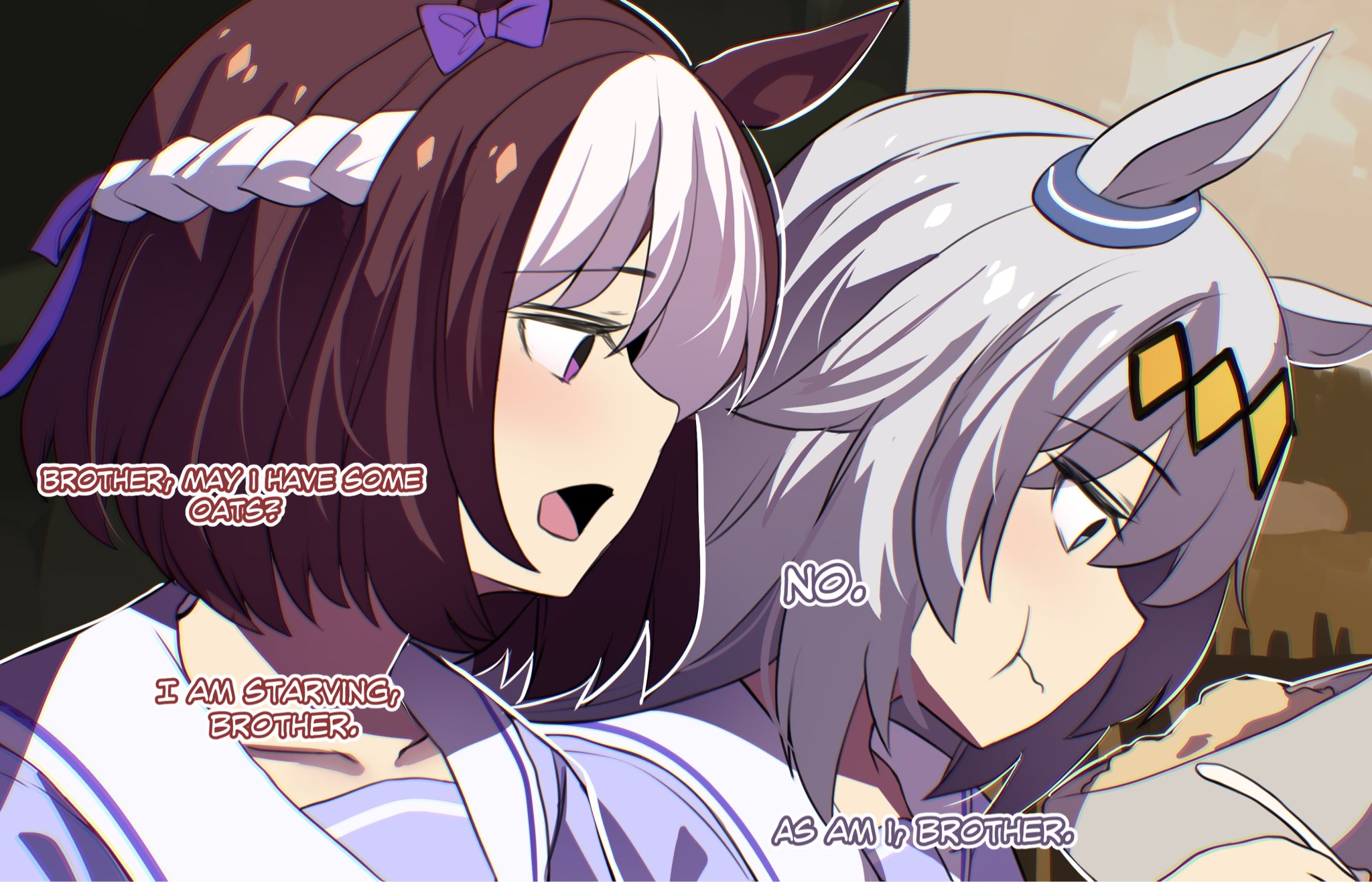 hinghoi, oguri cap (umamusume), special week (umamusume), umamusume, highres, 2girls, animal ears, blue eyes, blush, bow, bowl, braid, brother may i have some oats (meme), brown hair, chewing, closed mouth, collarbone, ear bow, ear ornament, eating, food, grey hair, hair between eyes, hair ornament, hairband, holding, holding spoon, horse ears, horse girl, long hair, meme, multicolored hair, multiple girls, open mouth, purple bow, purple eyes, purple shirt, sailor collar, sailor shirt, school uniform, shirt, short hair, spoon, tracen school uniform, two-tone hair, upper body, white hair, white sailor collar