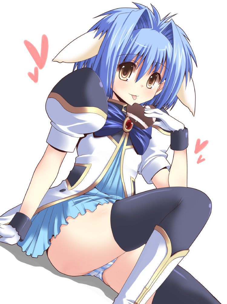 shinshin, mint blancmanche, galaxy angel, uniform, 00s, 1girl, animal ears, black thighhighs, blue hair, blue skirt, chocolate, eating, female focus, gloves, goat ears, panties, pantyshot, short hair, sitting, skirt, solo, striped clothes, striped panties, thighhighs, tongue, underwear