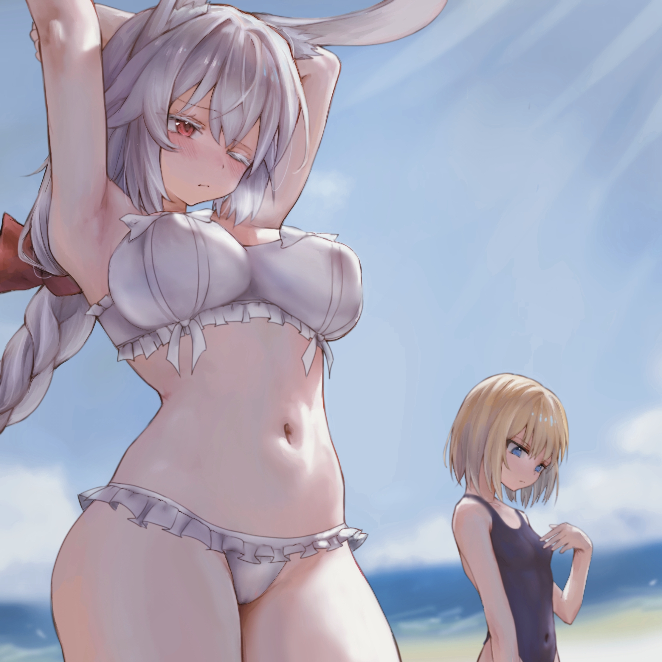 wrangelina, node (black souls), red hood (black souls), black souls, black souls 2, highres, 2girls, animal ear fluff, animal ears, arms up, bikini, black one-piece swimsuit, blonde hair, blue eyes, blue sky, blush, bow, braid, breasts, closed mouth, frilled bikini, frills, hair between eyes, hair bow, long hair, multiple girls, navel, one-piece swimsuit, one eye closed, rabbit ears, red bow, red eyes, short hair, sky, swimsuit, white bikini, white hair