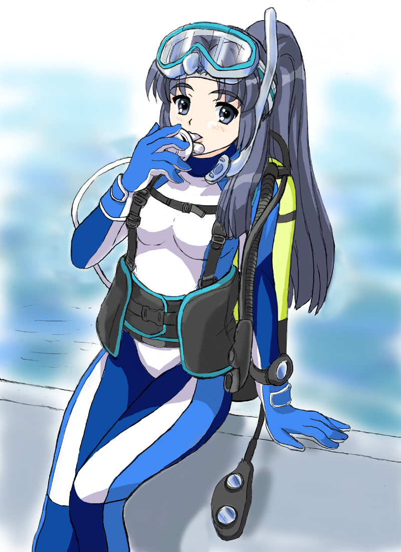 fujita (speedlimit), asakura ryoko, suzumiya haruhi no yuuutsu, 00s, blue eyes, blue hair, bodysuit, diving mask, diving mask on head, diving suit, goggles, goggles on head, long hair, ponytail, scuba, wetsuit