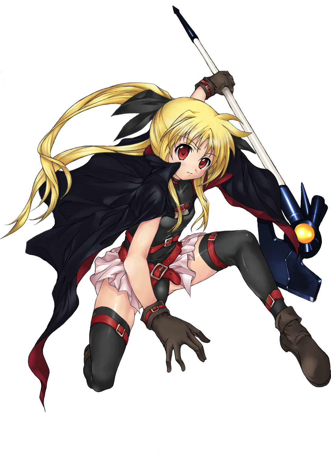 bardiche (device form) (nanoha), bardiche (nanoha), fate testarossa, fate testarossa (original form), lyrical nanoha, mahou shoujo lyrical nanoha, highres, 00s, 1girl, blonde hair, female focus, solo, thighhighs