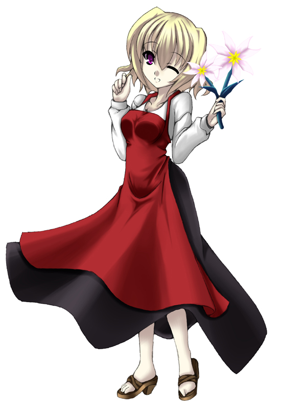 neo (tyottama), shamal, lyrical nanoha, mahou shoujo lyrical nanoha, 00s, 1girl, blonde hair, dress, female focus, flower, one eye closed, solo, standing, wink