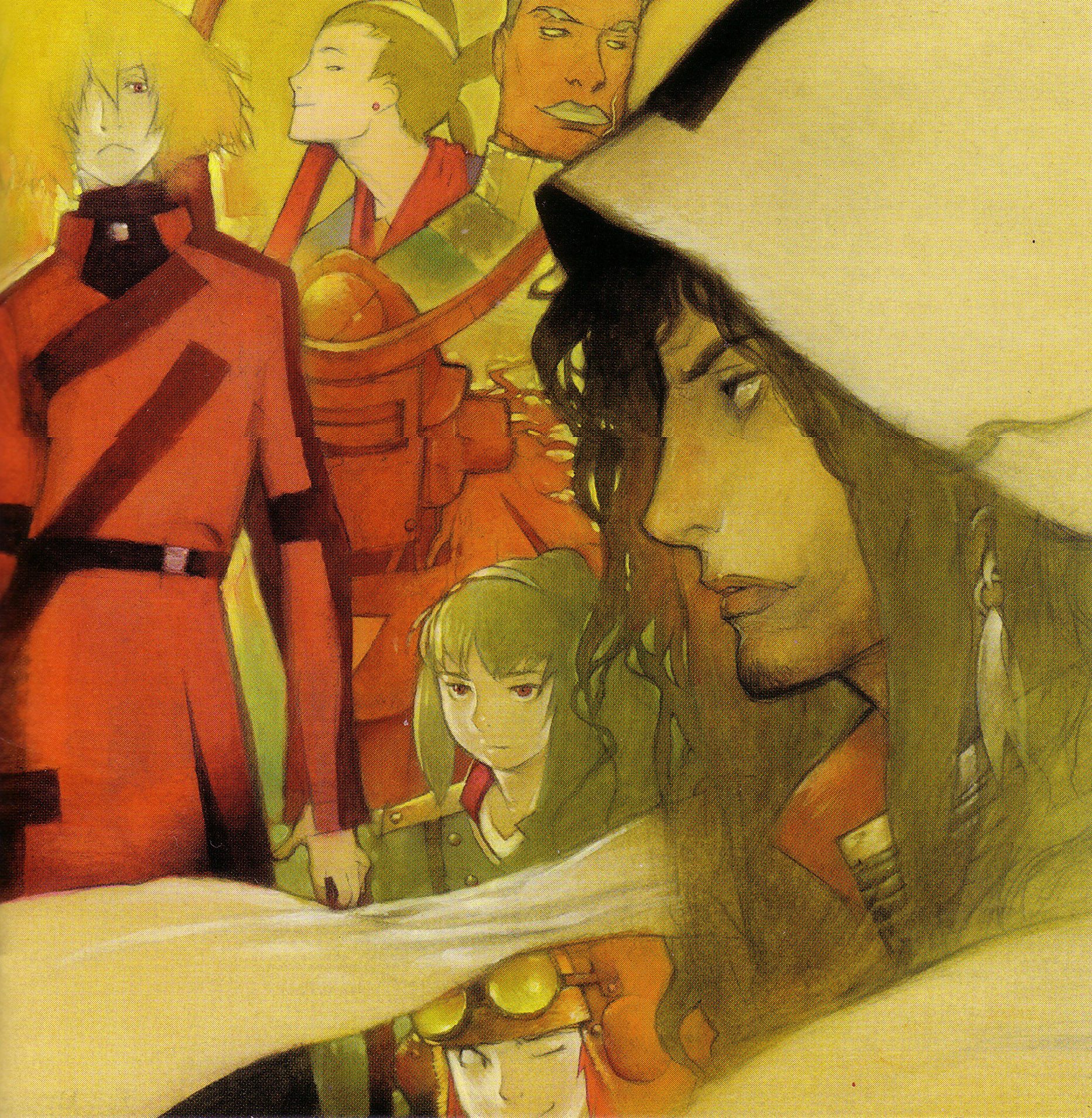 kyuzo, hayashida heihachi, katayama gorobei, kikuchiyo, okamoto katsushiro, shichiroji, shichirooji, shimada kanbei, samurai 7, uniform, highres, scan, 00s, 6+boys, black hair, brown eyes, cloak, close-up, dark-skinned male, dark skin, from side, hair over one eye, hidden eyes, hood, hooded cloak, long sleeves, male focus, multiple boys, one eye covered, profile, short hair, very short hair