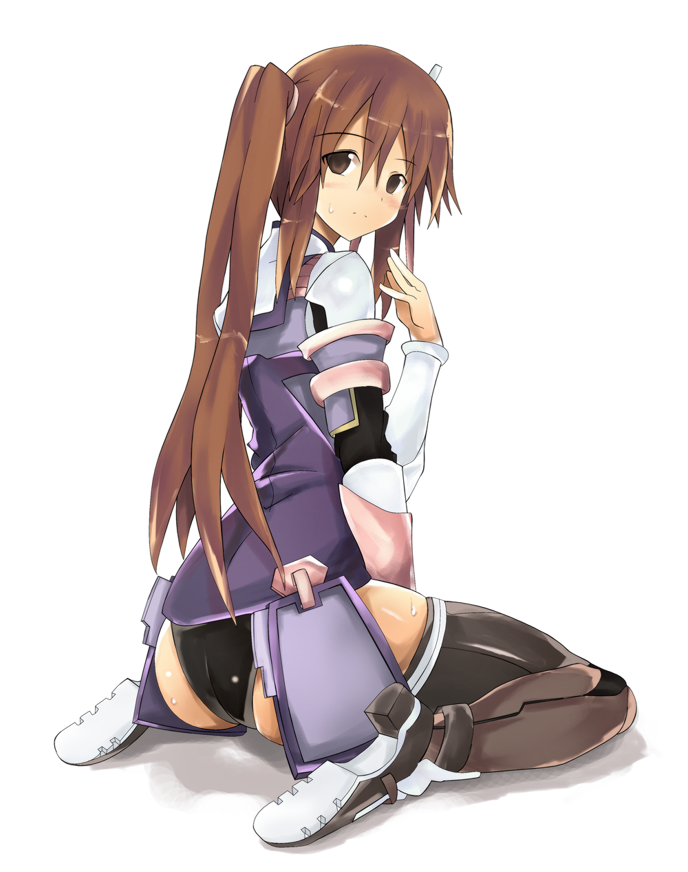 usugiri bacon, saionji reimi, star ocean, star ocean: the last hope, bad id, bad pixiv id, highres, 1girl, ass, black panties, blush, brown eyes, brown hair, female focus, kneeling, long hair, panties, sitting, solo, sweat, thighhighs, underwear, wariza