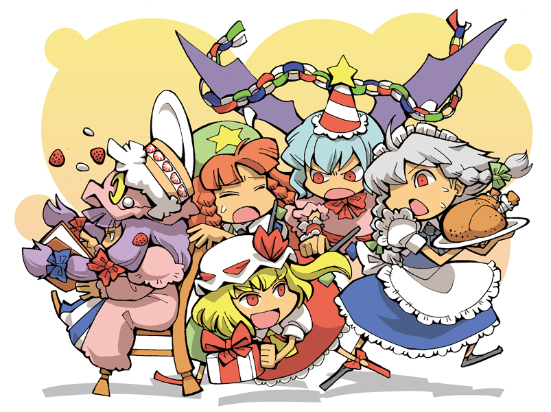hounori, flandre scarlet, hong meiling, izayoi sakuya, patchouli knowledge, remilia scarlet, embodiment of scarlet devil, touhou, 5girls, bat wings, book, chibi, dress, female focus, food, gift, hat, maid, multiple girls, red eyes, ribbon, wings