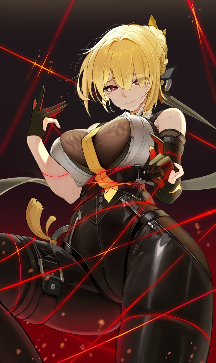 evelyn chevalier, zenless zone zero, highres, 1girl, bare shoulders, blonde hair, breast press, breasts, button shirt, buttons, cleavage, closed mouth, embarrassed, female focus, fingerless gloves, gloves, hair between eyes, hair ornament, large breasts, legs, leotard, long hair, mole, mole under eye, necktie, oniloler, open clothes, purple eyes, red gloves, shirt, string, string pull, sweat, thighs, upper body, white shirt, yellow necktie