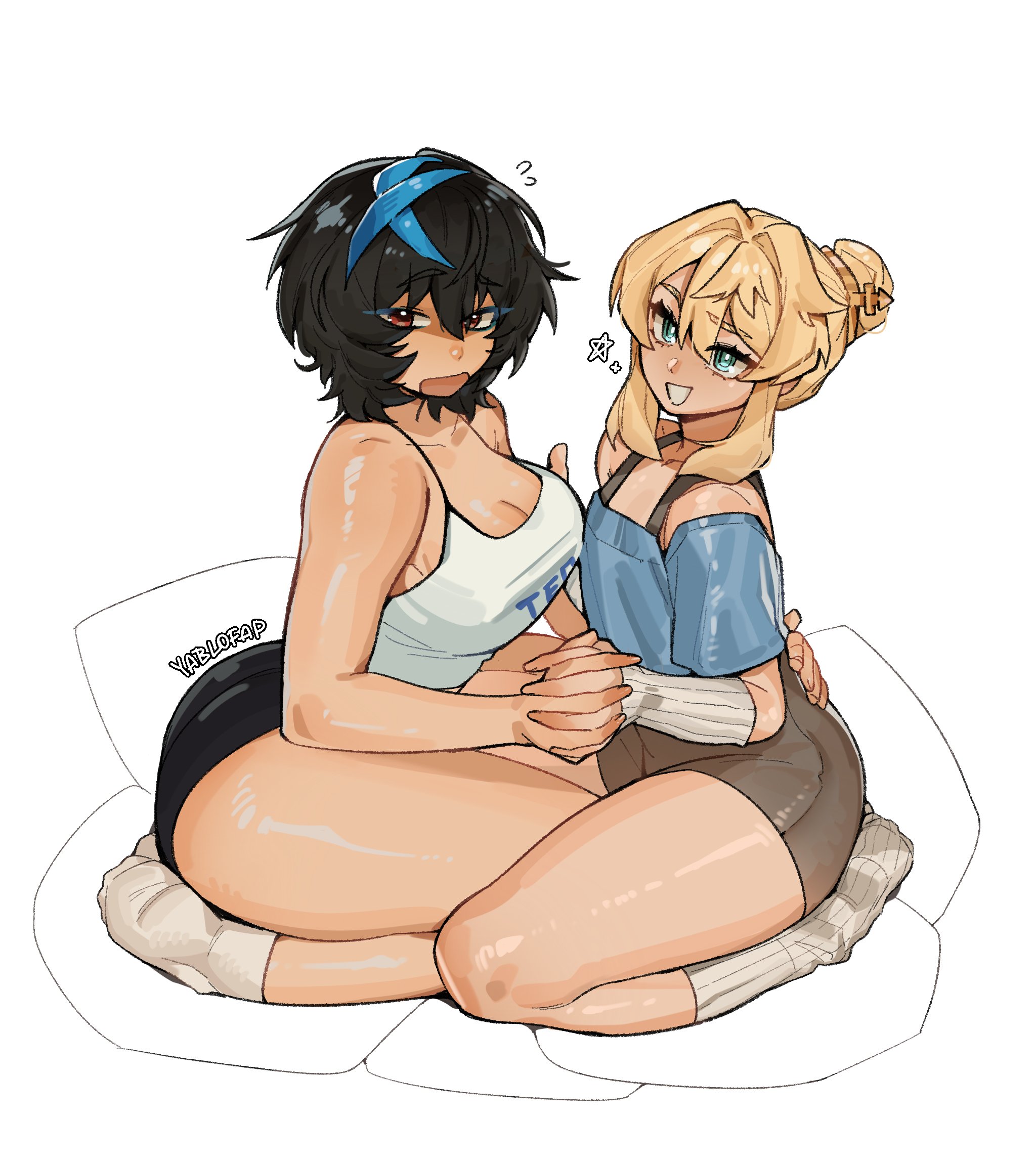 alohapz, bridget (guilty gear), unika (guilty gear), guilty gear, guilty gear strive, highres, 1boy, 1girl, artist name, black hair, blonde hair, blue eyes, blue hair, blue streaks, breasts, cleavage, crop top, holding hands, interlocked fingers, large breasts, looking at viewer, medium hair, multicolored hair, multiple girls, open mouth, red eyes, short hair, shorts, simple background, smile, streaked hair, thick thighs, thighs, trap