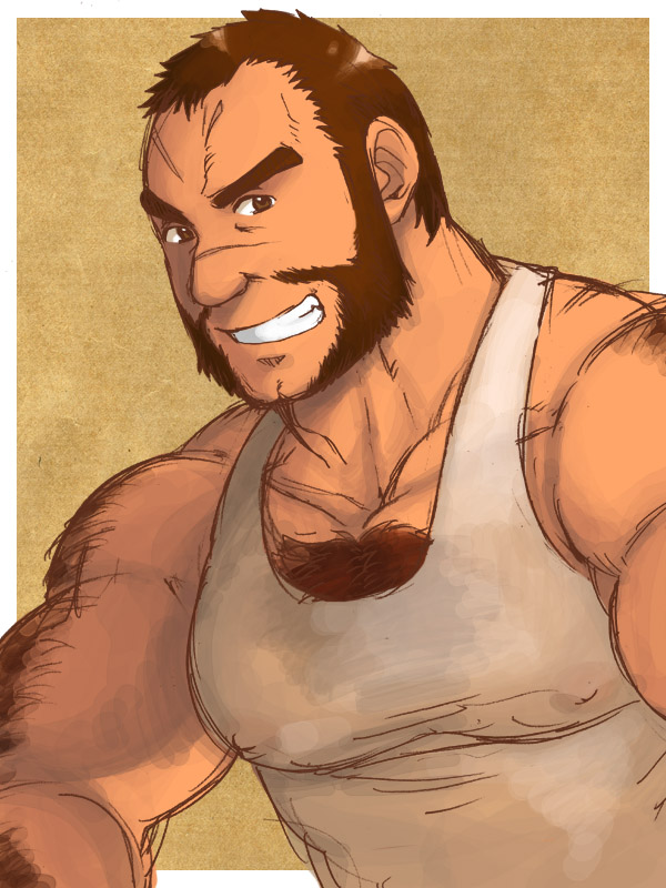 takezamurai, largo potter, senjou no valkyria, senjou no valkyria (series), senjou no valkyria 1, commentary, 1boy, arm hair, bara, beard, brown eyes, brown hair, chest hair, covered erect nipples, facial hair, full beard, grin, hairy, looking at viewer, male focus, muscular, muscular male, scar, scar on face, short hair, shoulder hair, smile, solo, tank top, thick chest hair