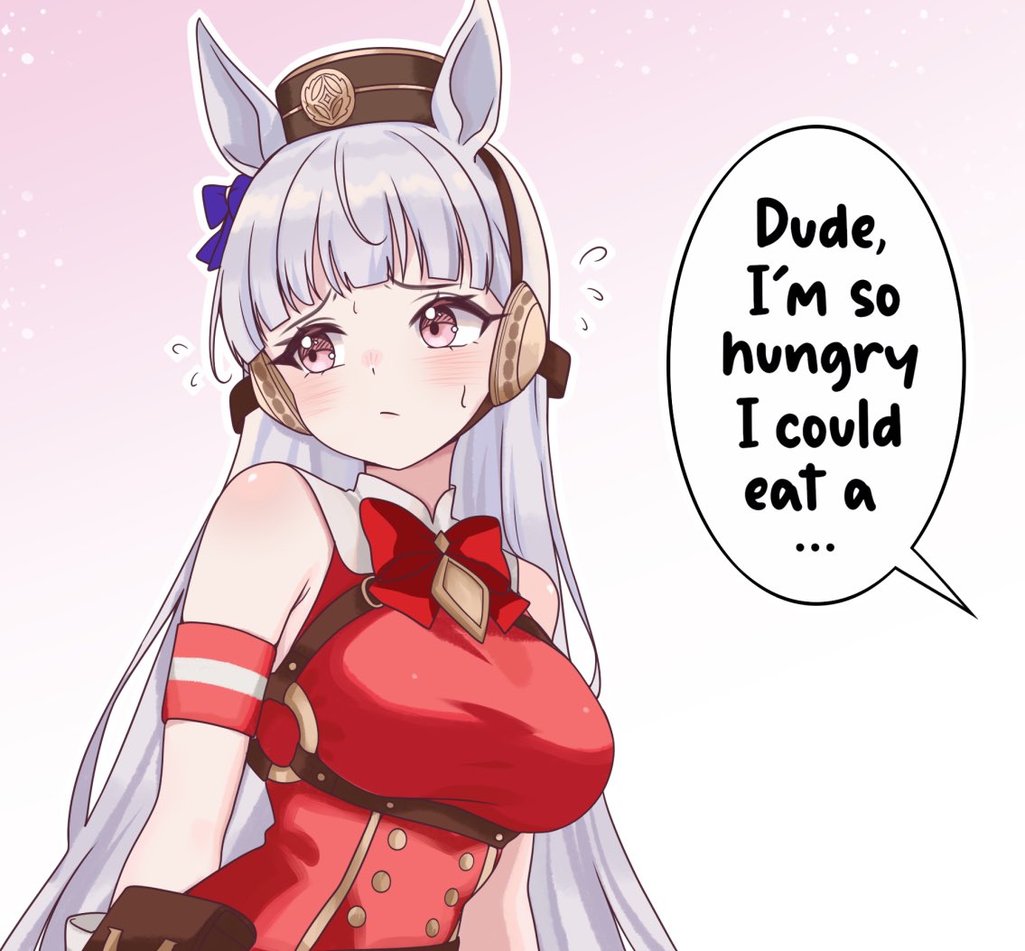 moshiedraws, gold ship (red strife) (umamusume), gold ship (umamusume), umamusume, 1girl, animal ears, armband, averting eyes, belt pouch, blunt bangs, blush, bow, bowtie, breasts, brown hat, closed mouth, dress, ear bow, english text, gloves, grey hair, hat, horse ears, horse girl, how hungry… (meme), large breasts, long hair, meme, nervous sweating, pillbox hat, pouch, purple bow, purple eyes, red armband, red bow, red bowtie, red dress, sleeveless, sleeveless dress, solo, speech bubble, striped armband, striped clothes, sweat, upper body, white armband, white gloves