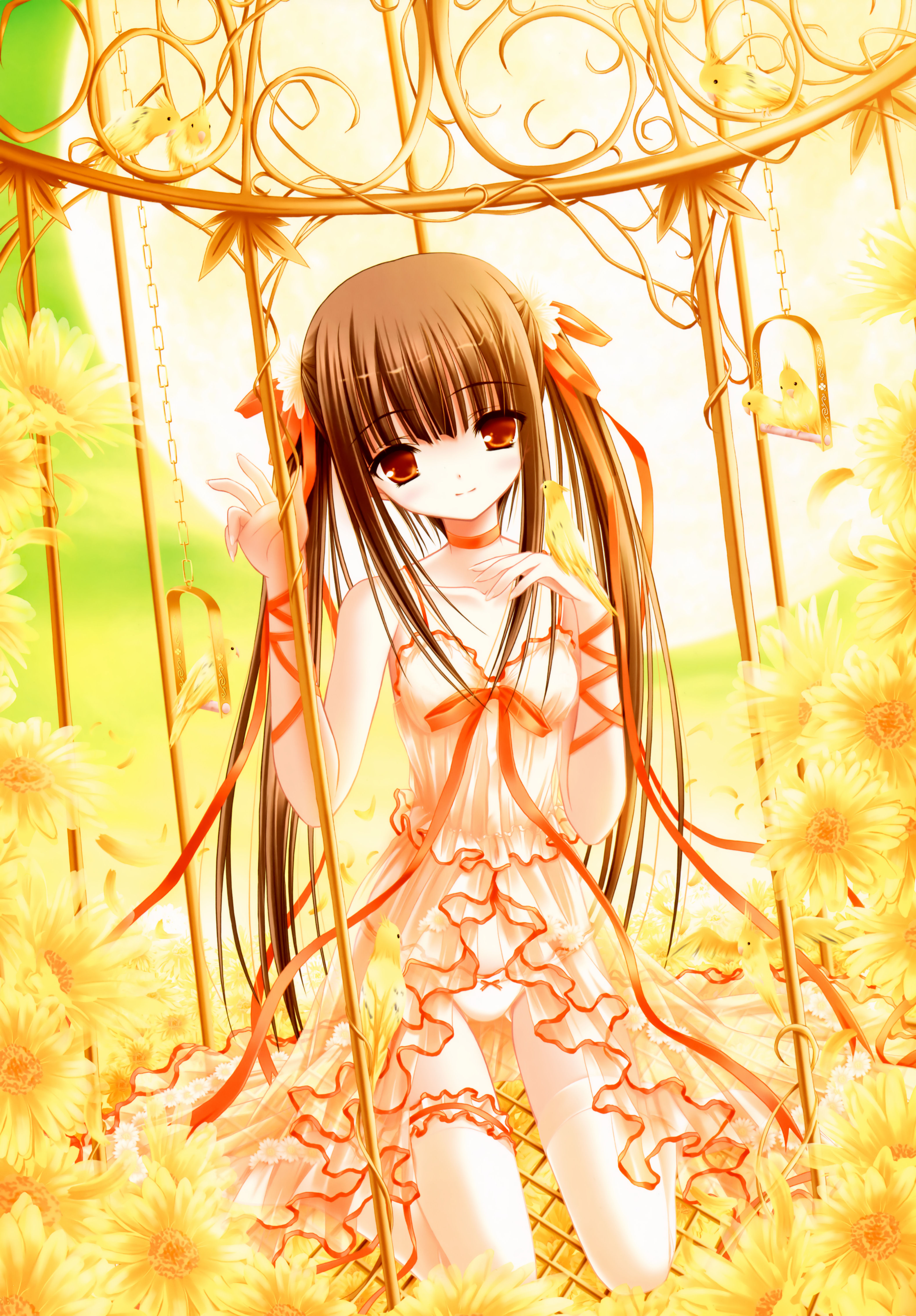tinker bell (pixiv 10956015), absurdres, highres, 1girl, bird, bird on hand, brown hair, dress, female focus, flower, hair ribbon, long hair, looking at viewer, orange eyes, panties, ribbon, solo, thighhighs, twintails, underwear
