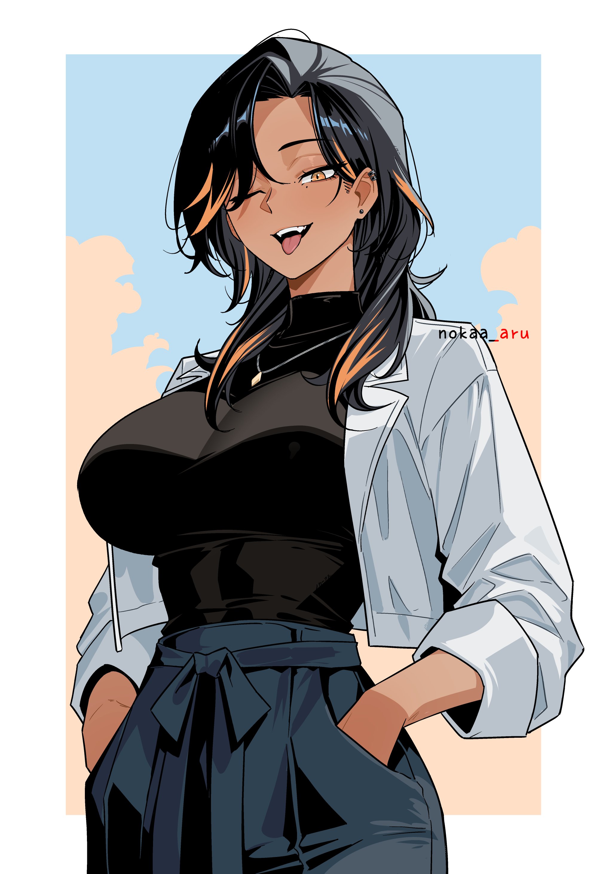 nokaa aru, original, absurdres, highres, 1girl, black hair, breasts, coat, dark-skinned female, dark skin, ear piercing, fangs, hotaru (nokaa aru), jewelry, large breasts, long hair, long sleeves, mole, mole under eye, necklace, one eye closed, open clothes, open coat, orange eyes, orange hair, piercing, solo, teeth, tongue, tongue out, upper teeth only, white coat