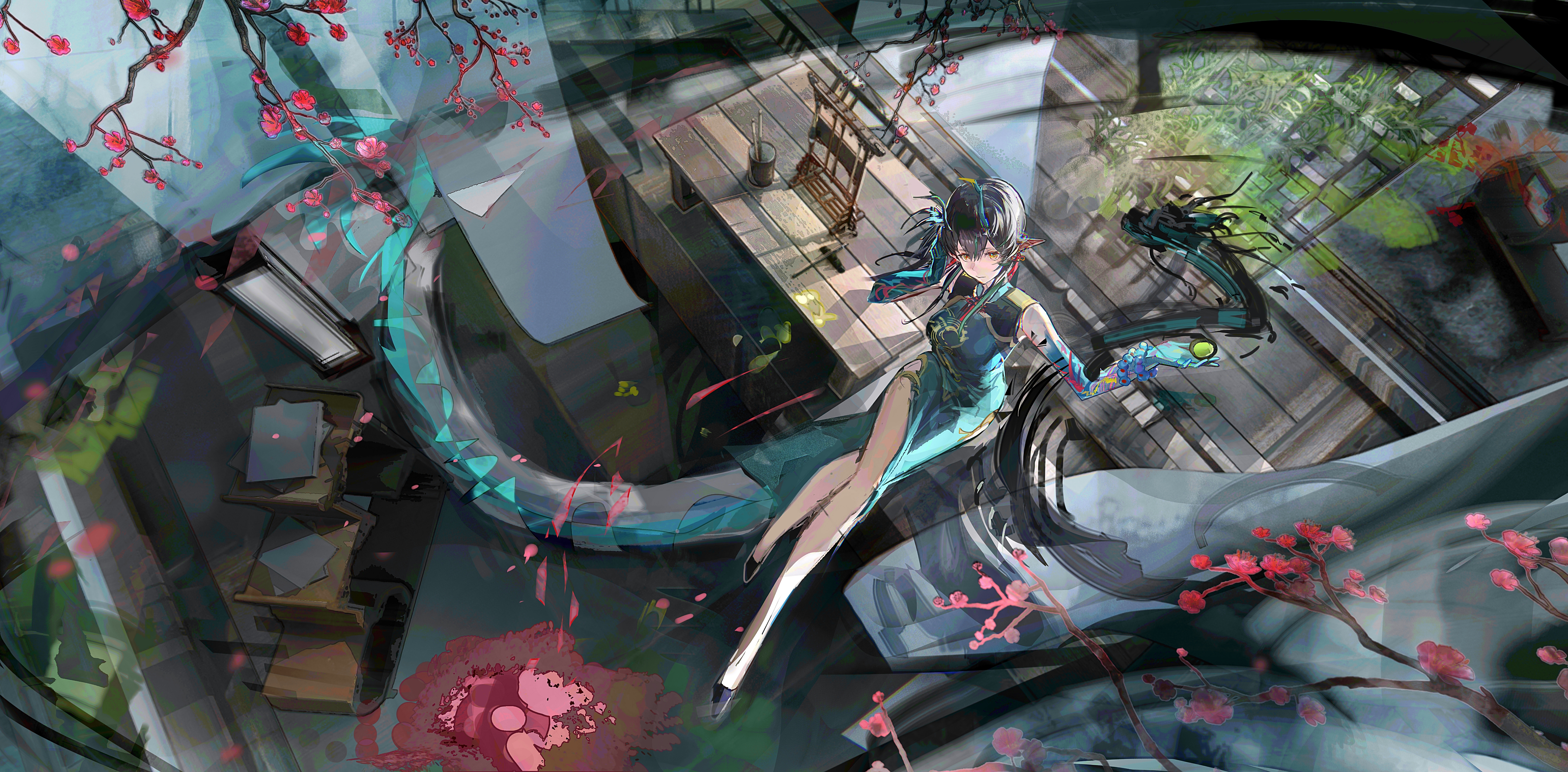 you zhiqi de, dusk (arknights), dusk (everything is a miracle) (arknights), arknights, absurdres, highres, 1girl, bare shoulders, china dress, chinese clothes, colored skin, dragon girl, dragon horns, dragon tail, dress, earrings, eastern dragon tail, gradient skin, green hands, green horns, green skin, horns, ink, jewelry, looking at viewer, multicolored hair, pointy ears, sleeveless, solo, streaked hair, tail, tassel, tassel earrings