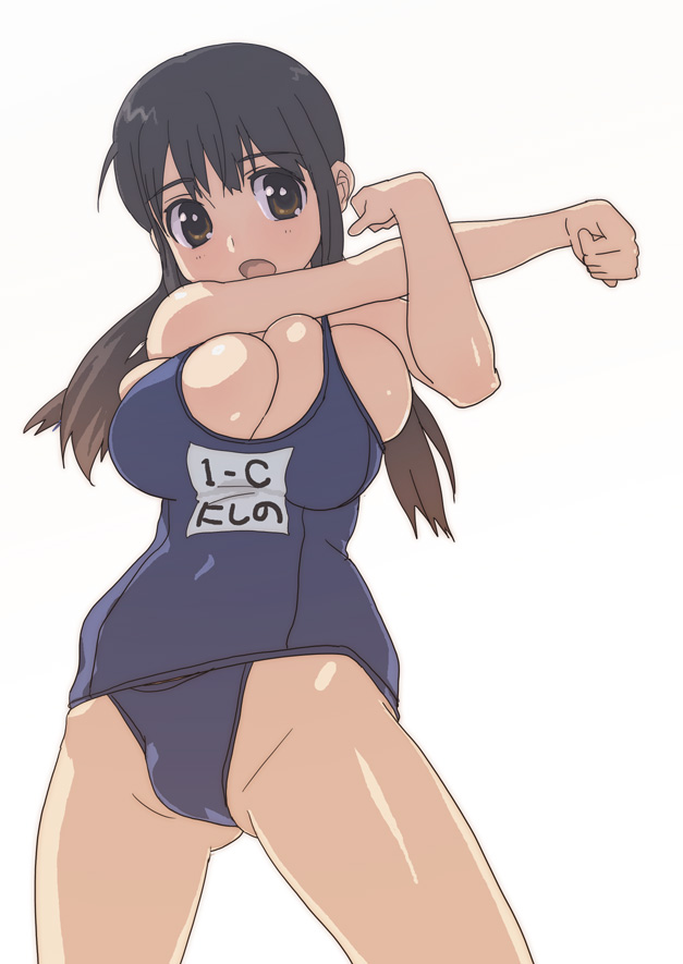 hirose (mokiki), original, character request, source request, 1girl, breasts, brown eyes, bursting breasts, cleavage, cowboy shot, female focus, huge breasts, large breasts, one-piece swimsuit, school swimsuit, simple background, solo, stretching, swimsuit, white background