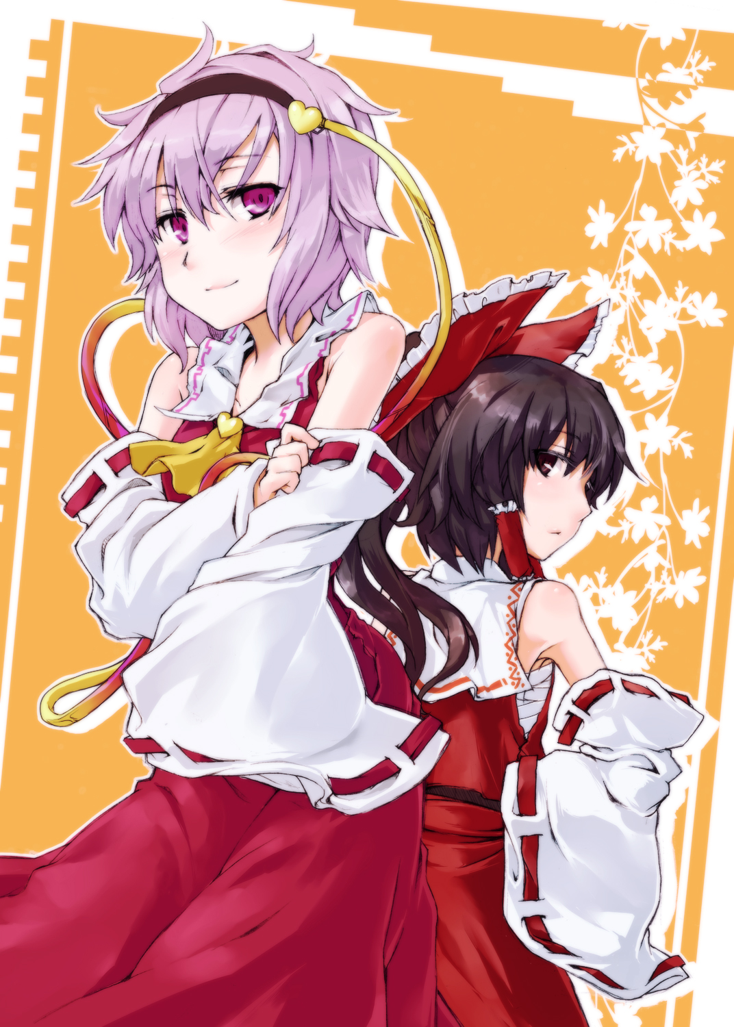 tsukinami, tsukinami kousuke, hakurei reimu, komeiji satori, touhou, highres, 2girls, bare shoulders, brown hair, cosplay, cover, detached sleeves, female focus, hair ribbon, hairband, hakurei reimu (cosplay), japanese clothes, long hair, miko, multiple girls, purple hair, ribbon, sarashi, short hair