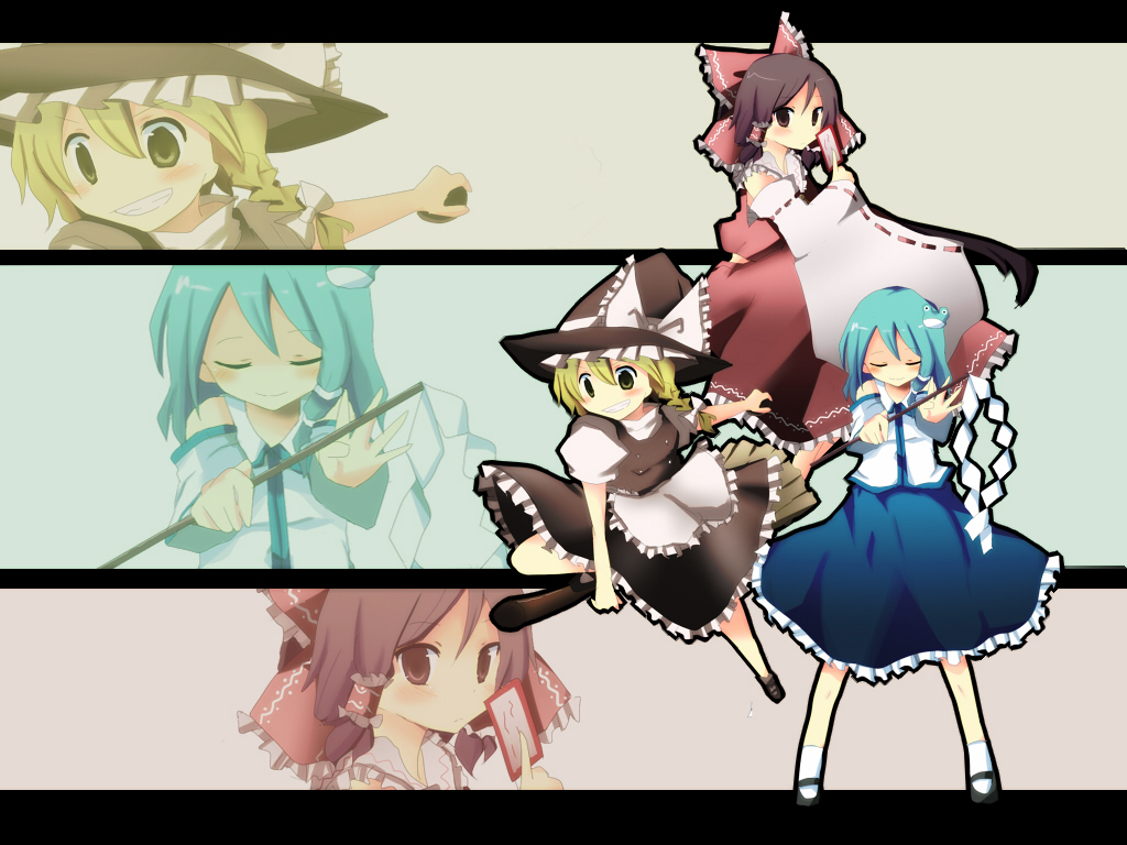 pasutel, hakurei reimu, kirisame marisa, kochiya sanae, touhou, bad id, bad pixiv id, 3girls, blonde hair, blue hair, bow, broom, broom riding, brown eyes, brown hair, detached sleeves, dress, female focus, grin, hair bow, hat, multiple girls, red dress, smile, witch hat