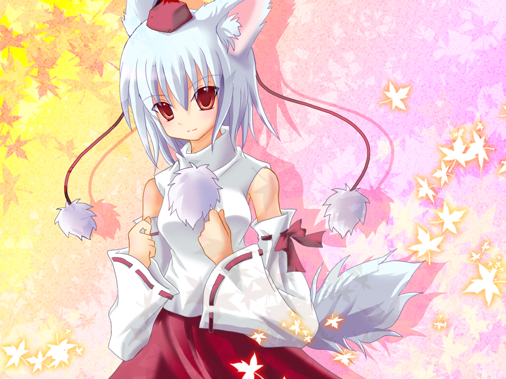 higashimura nagase, kinokino, inubashiri momiji, touhou, silver hair, 1girl, animal ears, bare shoulders, detached sleeves, female focus, hat, leaf, red eyes, short hair, solo, tail, tokin hat, wolf ears, wolf tail