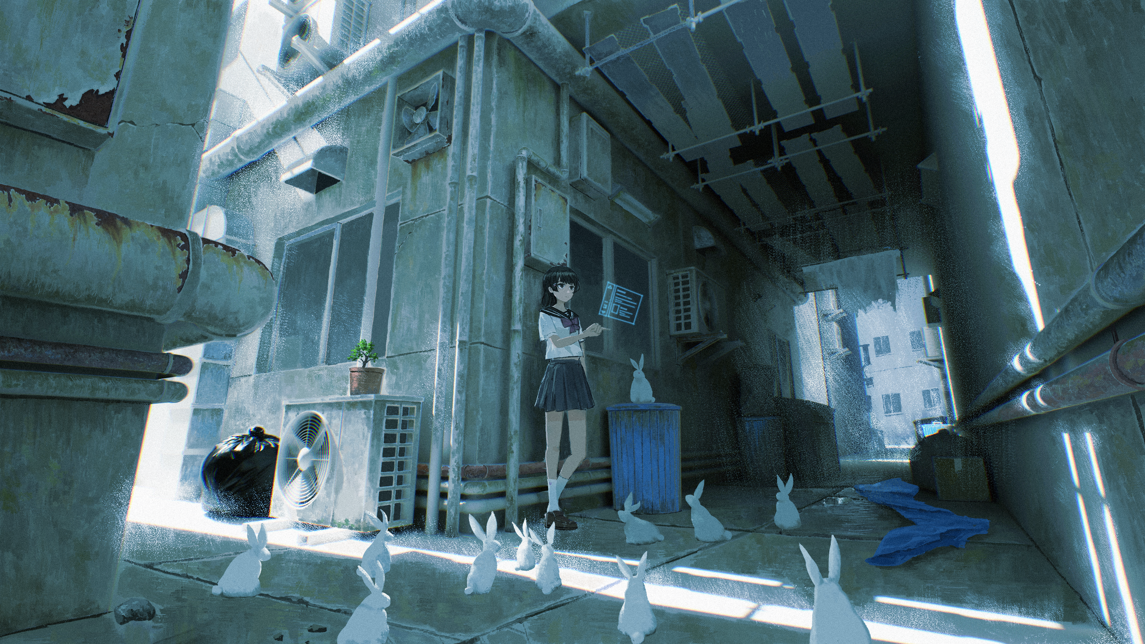 fujidora jp, tsukino mito, nijisanji, absurdres, commentary request, highres, 1girl, alley, alternate costume, black eyes, black hair, black sailor collar, black shoes, black skirt, bonsai, bow, bowtie, closed mouth, condenser unit, crack of light, expressionless, hair ornament, hairclip, hand up, heel up, holographic interface, index finger raised, industrial pipe, loafers, long hair, looking ahead, outdoors, plant, pleated skirt, potted plant, purple bow, purple bowtie, rabbit, sailor collar, scenery, school uniform, serafuku, shirt, shoes, skirt, socks, solo, standing, too many, too many rabbits, trash can, urban, virtual youtuber, white rabbit (animal), white shirt, white socks, wide shot